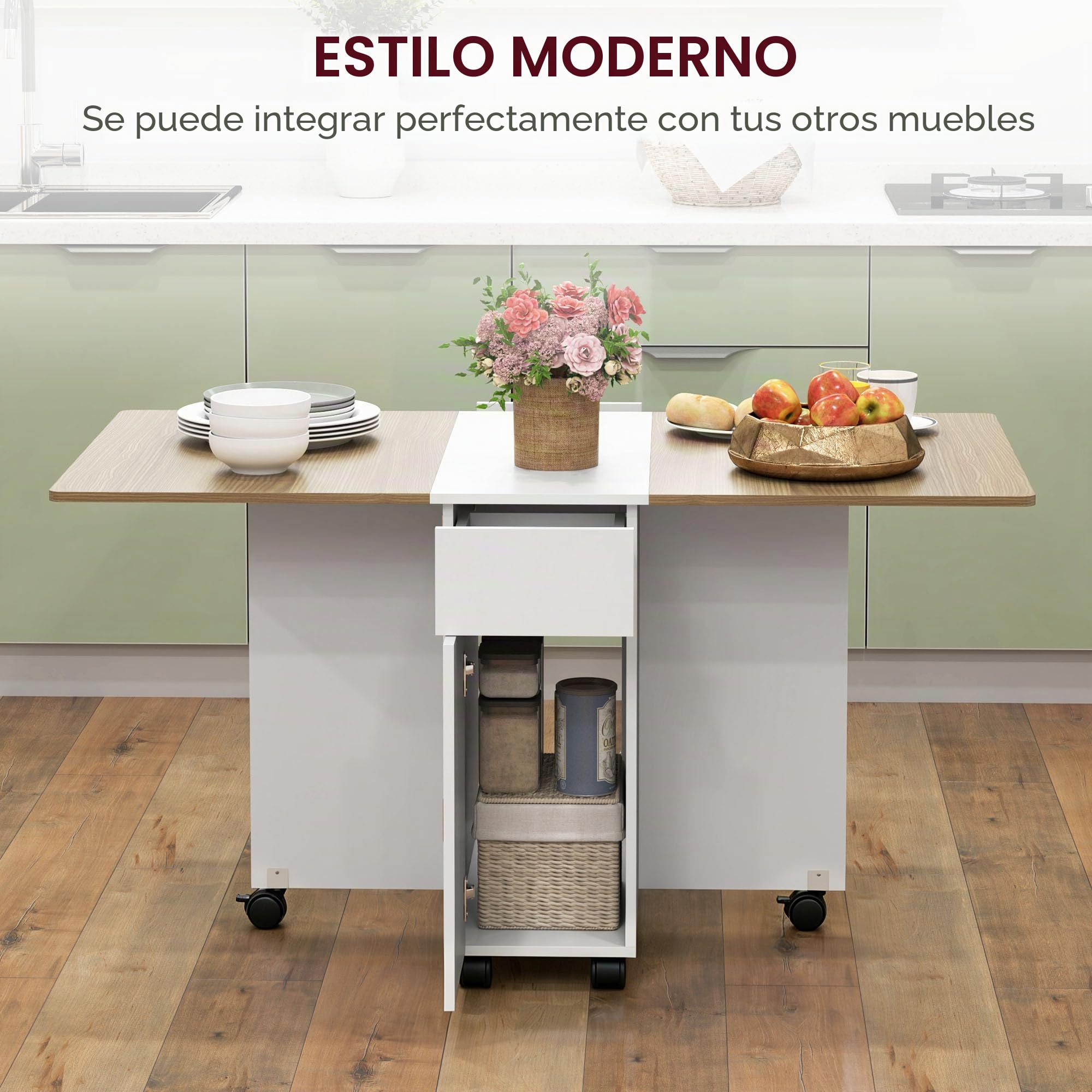 HOMCOM Mesa comedor plegable con ruedas 140x76x74cm,Blanco&madera natural | Mesa de cocina, para 6 personas, 2 hojas abatibles, 2 cajones, 2 armarios, para espacios pequeños.