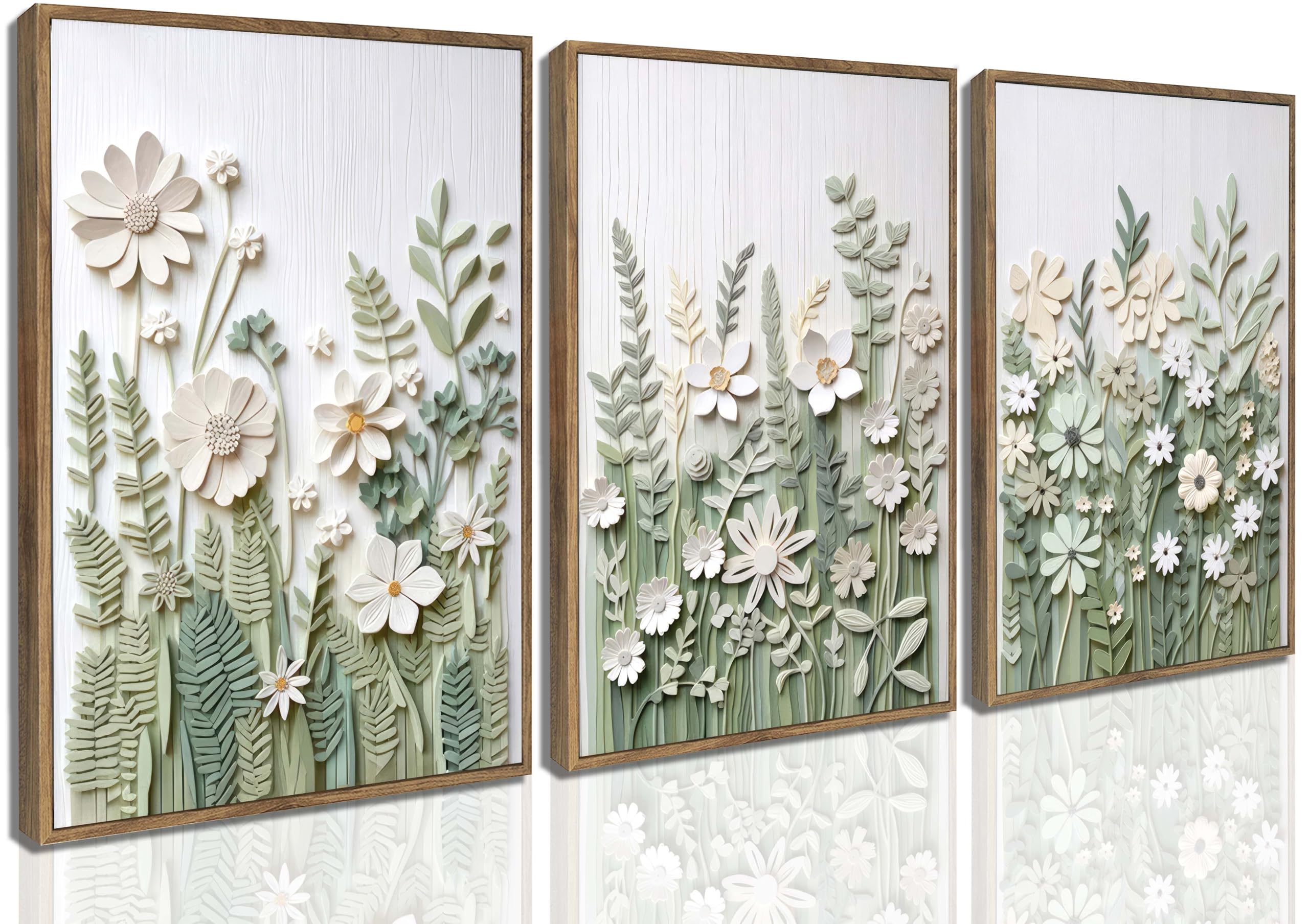 LMYSXAOZ 3Pcs Farm Sage Green Wildflowers Canvas Wall Art Neutral Minimalist Abstract Boho Floral Botanical Painting Pictures Decor for Living Room Bedroom Decoration Unframed 12x16inch
