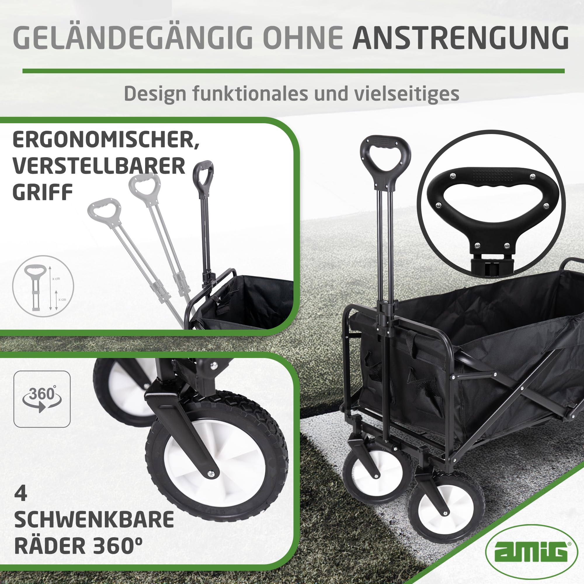 Amig - Faltbarer Gartenwagen Strandwagen mit wasserdichtem Oxford-Gewebe Farbe Schwarz 20 cm Durchmesser 360º Räder Maximale Tragkraft 100 kg