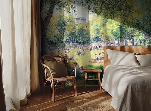 Miniatura 4 de AMUGISH Papel pintado de pared impresionista con escena de parque, pintura vibrante de picnic en el parque, despegar y pegar, decoración de pared