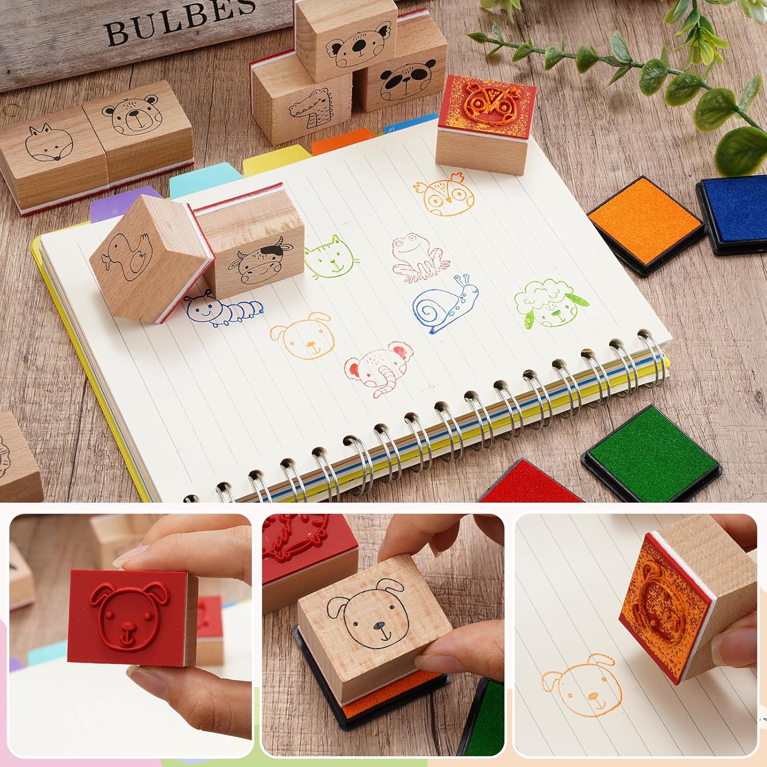 Whaline 29 Pcs Cartoon Animal Wooden Rubber Stamps with Ink Pads Cute Cartoon Pattern DIY Craft Stamps for Party Decor Scrapbooking Cards Making