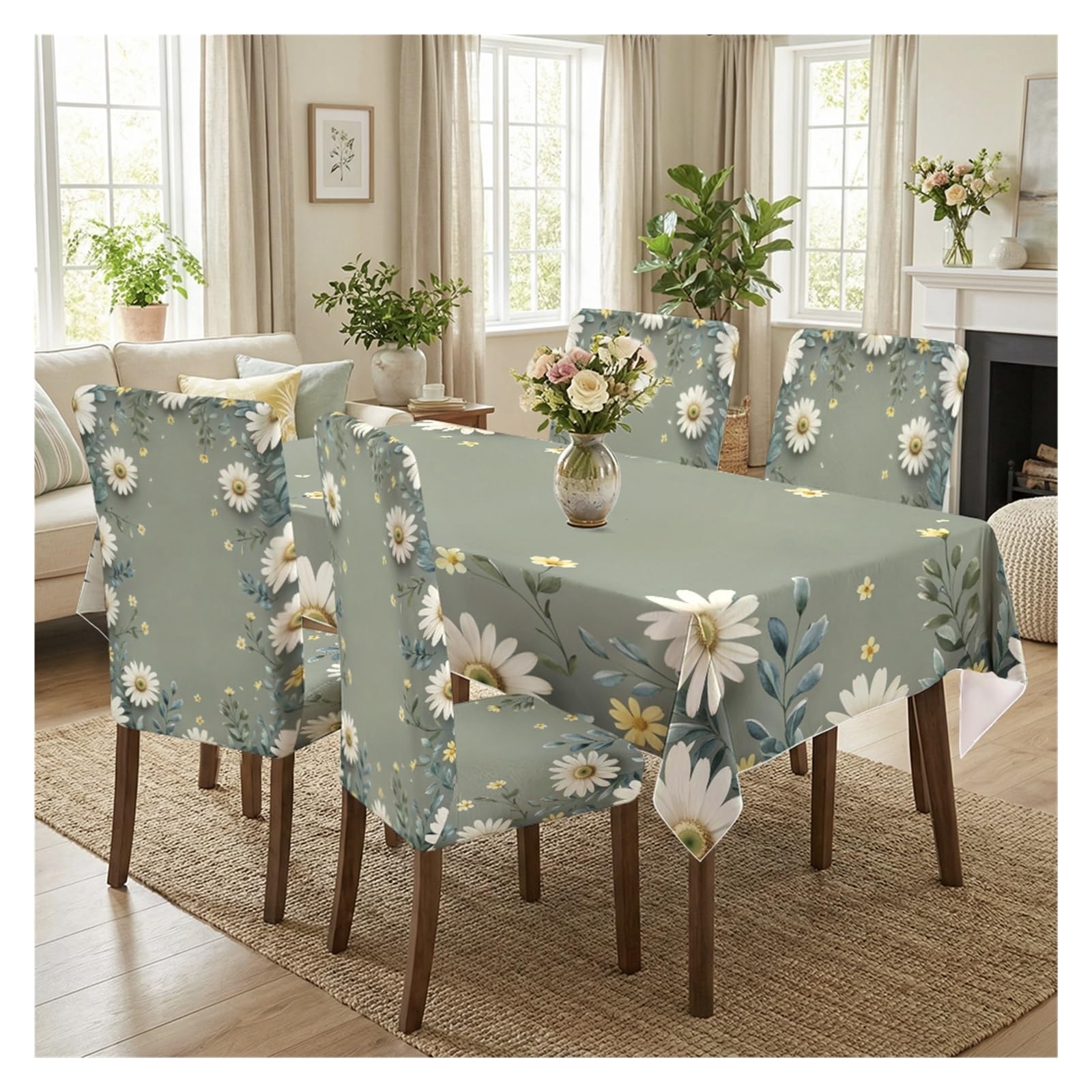 KXUAUV Sage Green White Daisy Floral Dining Tablecloth & Chair Covers Set, 5/7 Piece Soft Neutral Cottage Farmhouse Dining Decor Party Decor(5pcs Set: Tablecloth+Chair Covers)