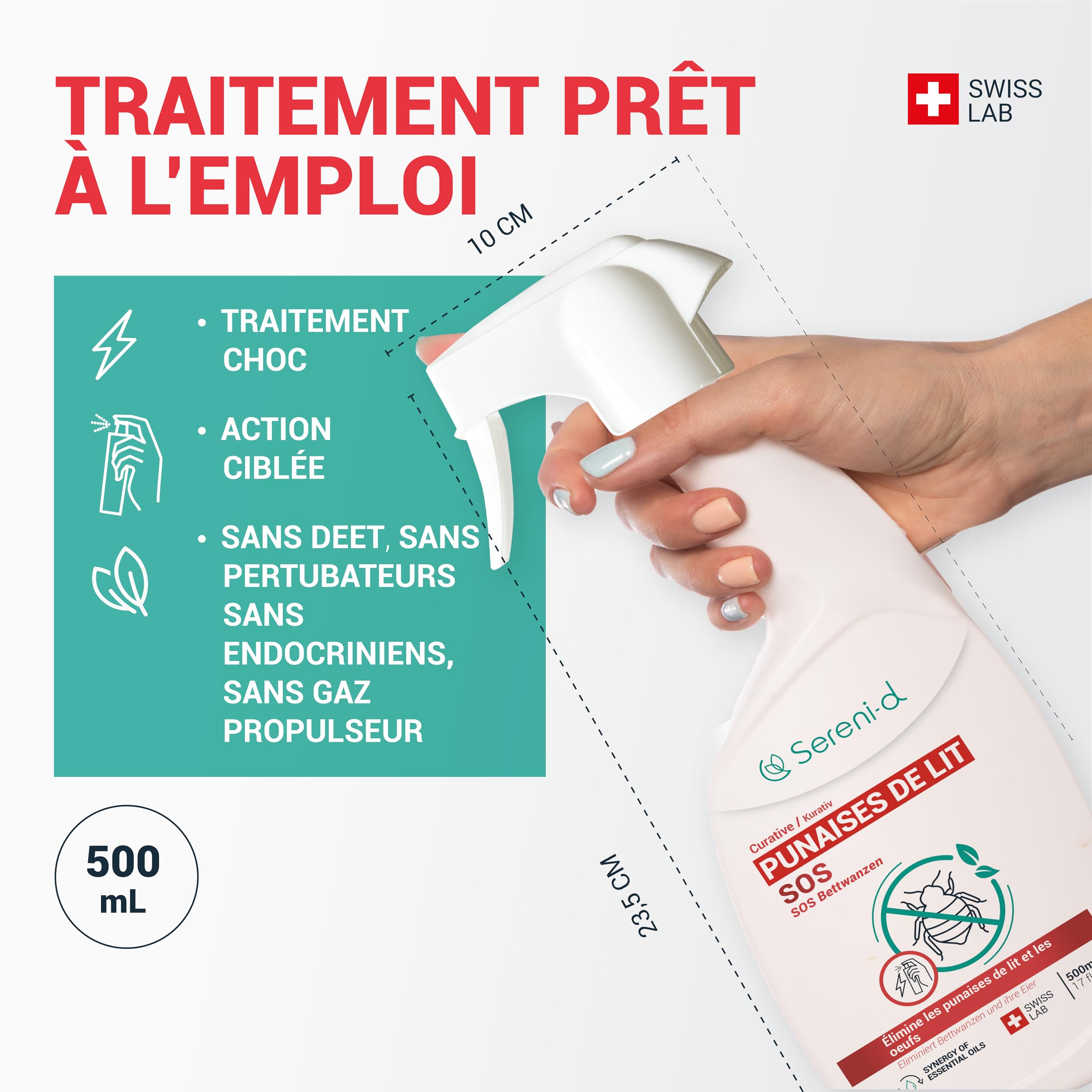 SOS ANTI PUNAISES DE LIT XXL - Spray Insecticide CHOC Traitement naturel aux Huiles Essentielles et Fleur de Pyrèthre Végétal - Produit qui élimine les punaises de lit - 500mL