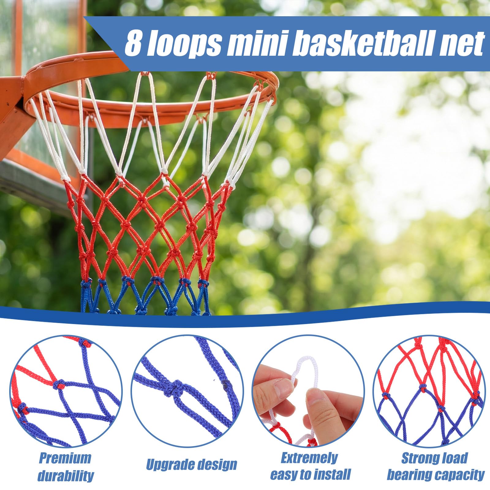 Lot de 2 filets de basketball pour panier de basket - 8 passants - Pour montage en intérieur et en extérieur - Convient par tous les temps