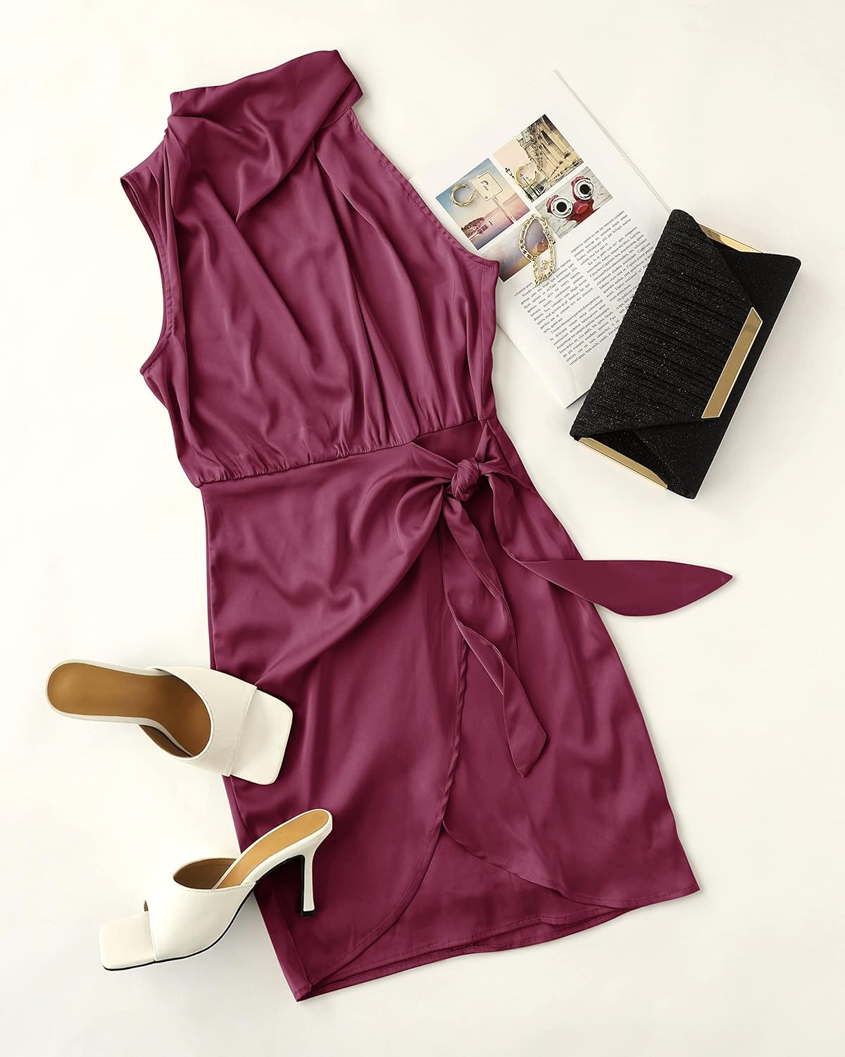 ZESICA Women's 2026 Fashion Satin Sleeveless Halter Neck Tie Waist Wrap Bodycon Cocktail Party Mini Dress