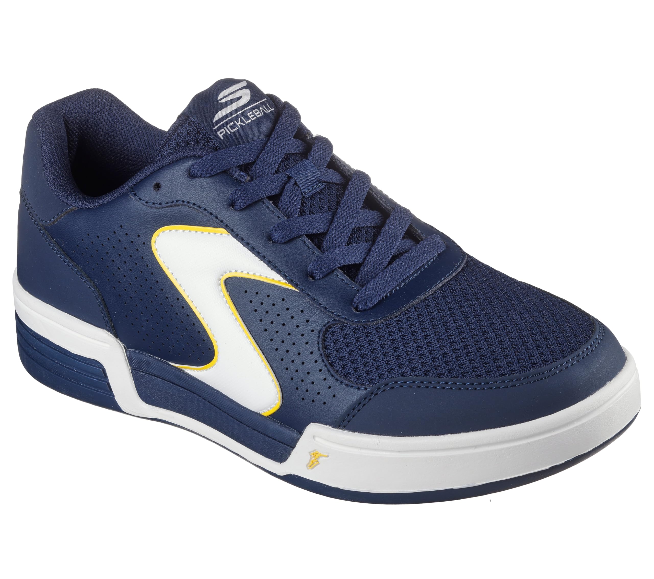 Skechers Men's Viper Court Classic Sneaker, Navy Leather/Synthetic/Textile/Yellow Trim, 6.5 UK