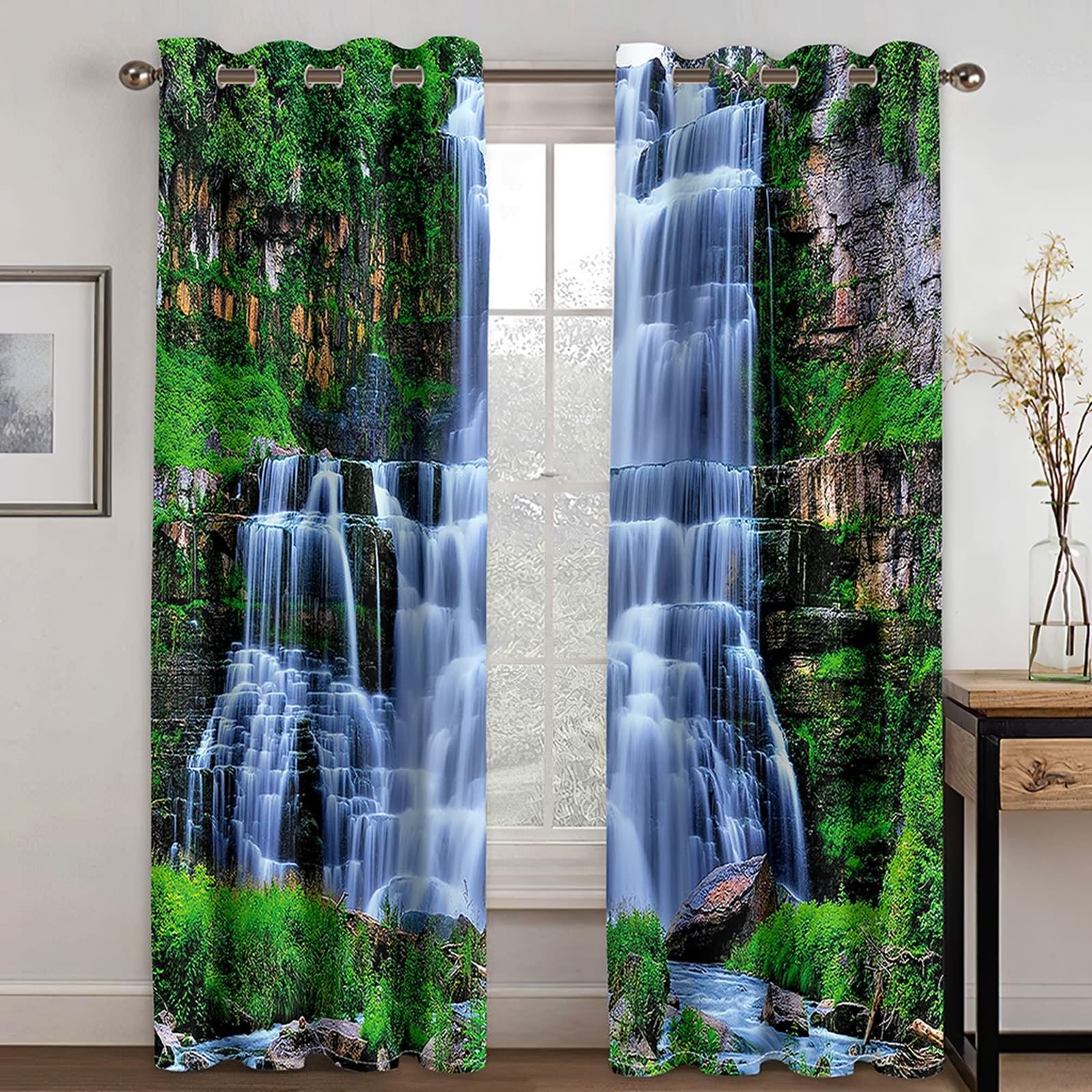 Gualiy Vorhänge Lang 2er Set, Gardinen Blickdicht 86x138 Natur Wasserfalllandschaft Verdunkelungsvorhang Schlafzimmer