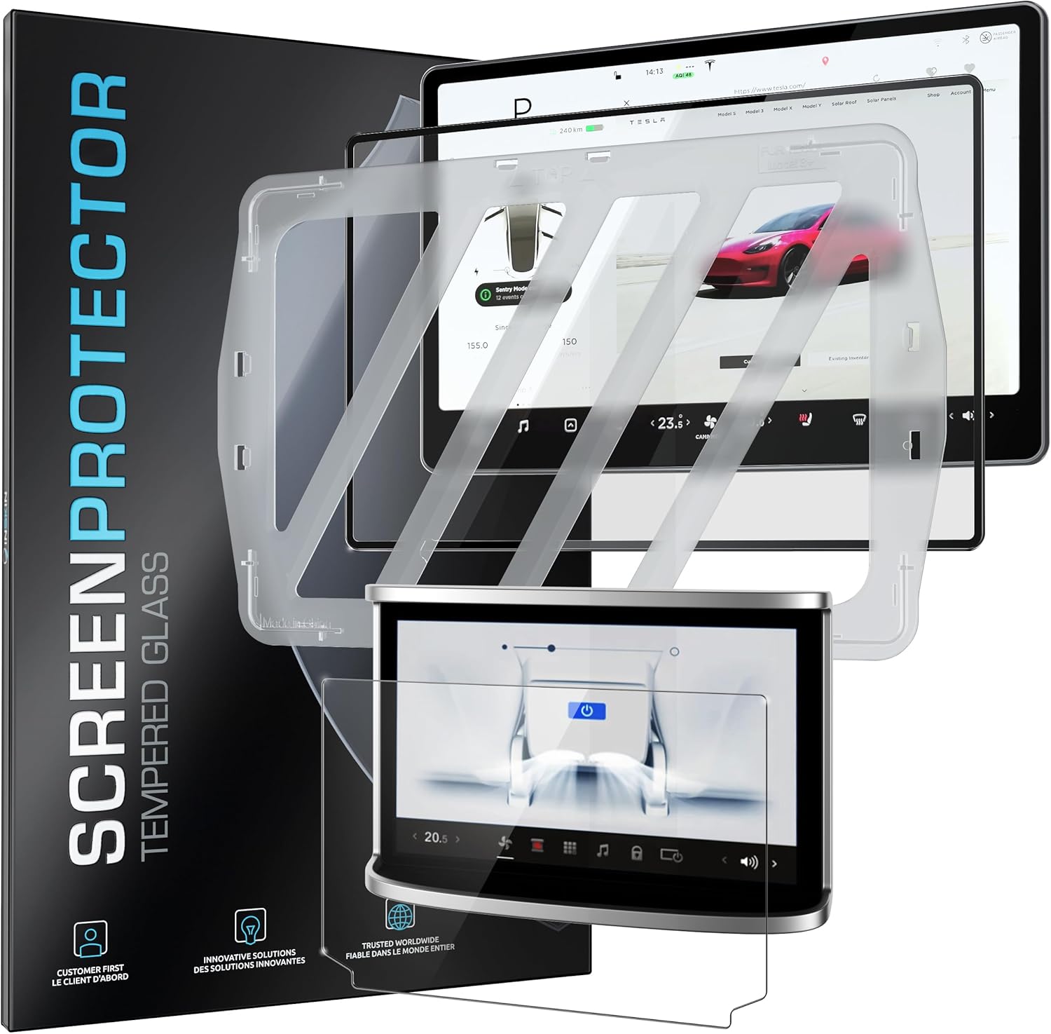 Inskin Tempered Glass Screen Protector Set for Tesla Model X/S (2021-2025) - Dashboard (17") & Rear Screen (8"), UHD Clear, Auto-Align, Anti-Fingerprint Coating