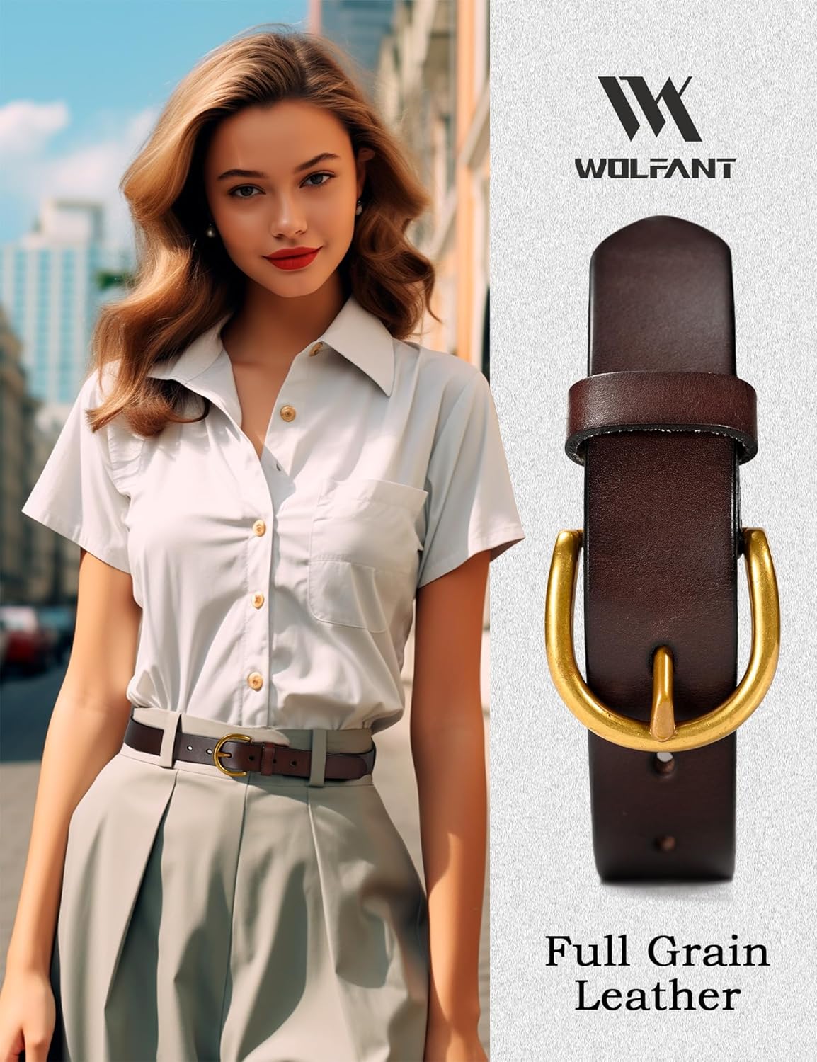 WOLFANT Womens Casual leather Jean Belt,1.1" Ladies Belt with Gold Buckle,100% Italian Full Grain Real Solid Leather - Image 4