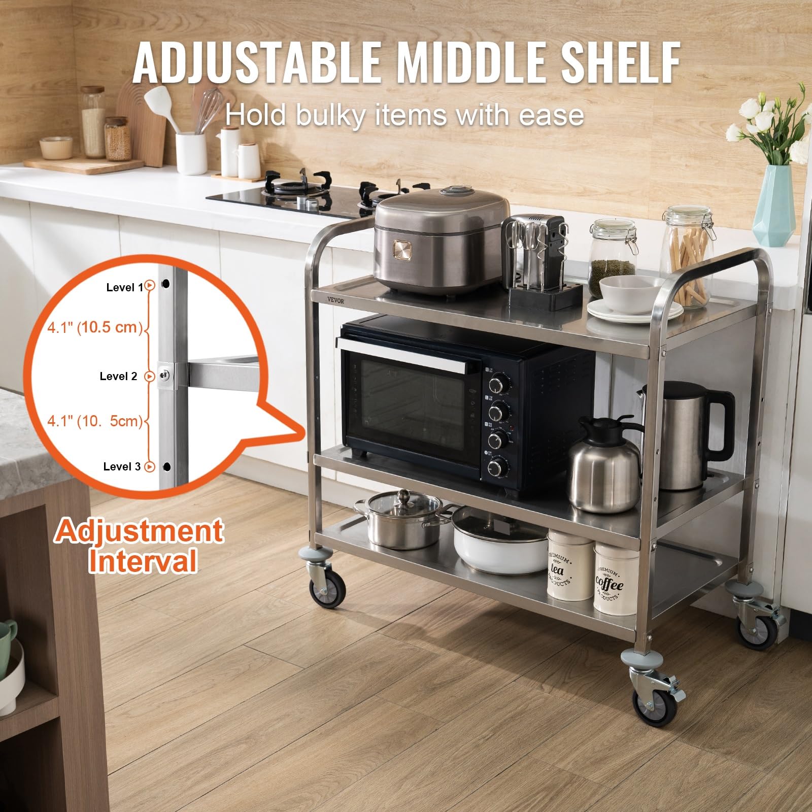 VEVOR Carro con Ruedas de 3 Niveles Carro de Almacenamiento Multifuncional de Acero Inoxidable 94x49,5x93 cm Carga 100 kg Ruedas con Bloqueo 6 Ganchos para Almacenamiento Lavadero Cocina Restaurante