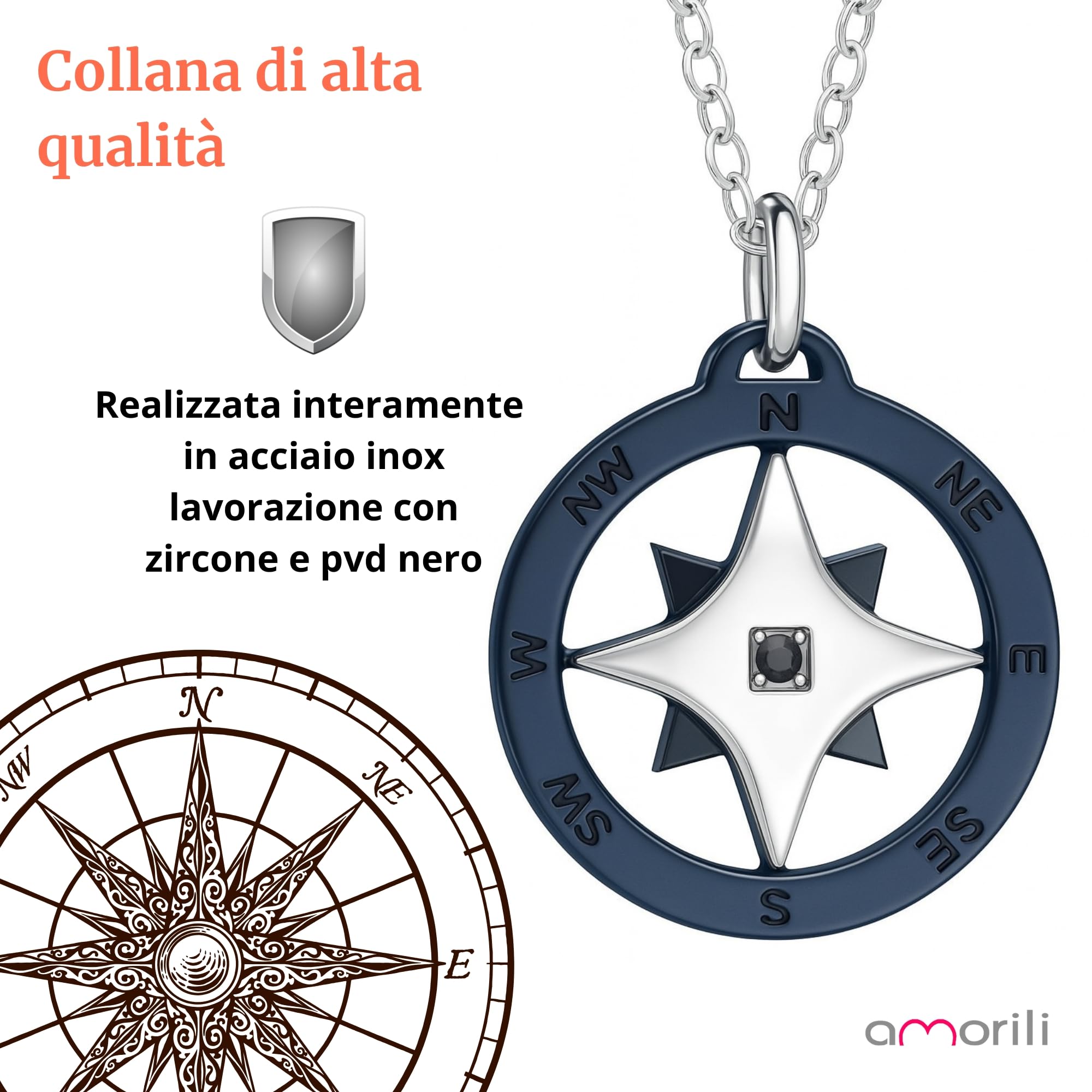 Collana Uomo Rosa dei Venti in Acciaio Inossidabile | Pendente Bussola Nautica | Catena Regolabile Fino a 50 cm | Gioiello Regalo Elegante Stile Marina Militare (y)
