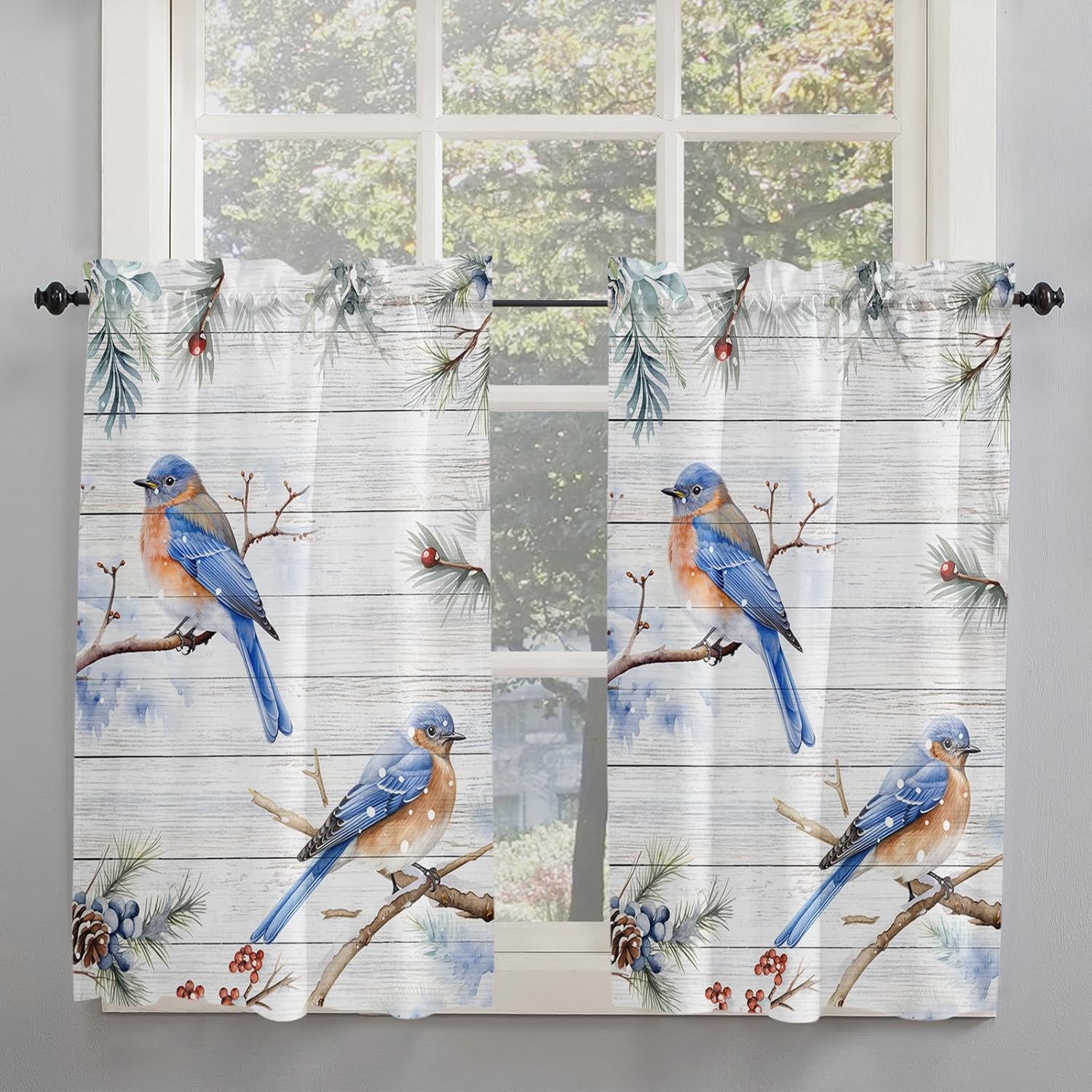 Snowy Bird Kitchen Curtain 2 Panels Curtains 54 Inch Length, Curtains Rod Pocket Curtains Window Drapes Treatment Window Cafe Curtains 84''x54'' Christmas Farmhouse Wood Grain Berry
