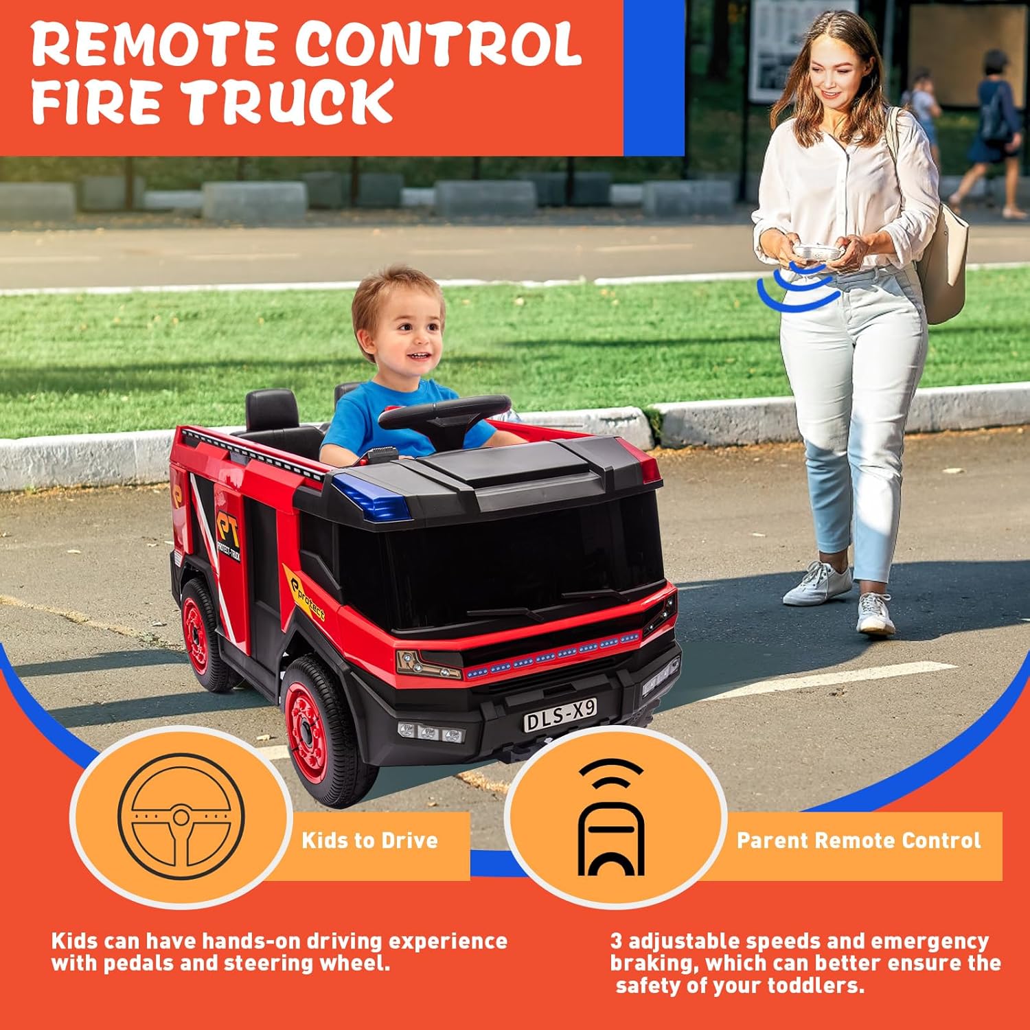 12V Ride On Fire Truck Kids Electric Vehicles Car for Kids Toddlers, Power Wheels Ride On Firetruck Toys w/Parental Remote, Siren Call, Walkie-Talkie, Flash, Fire Water Gun, Bluetooth Music