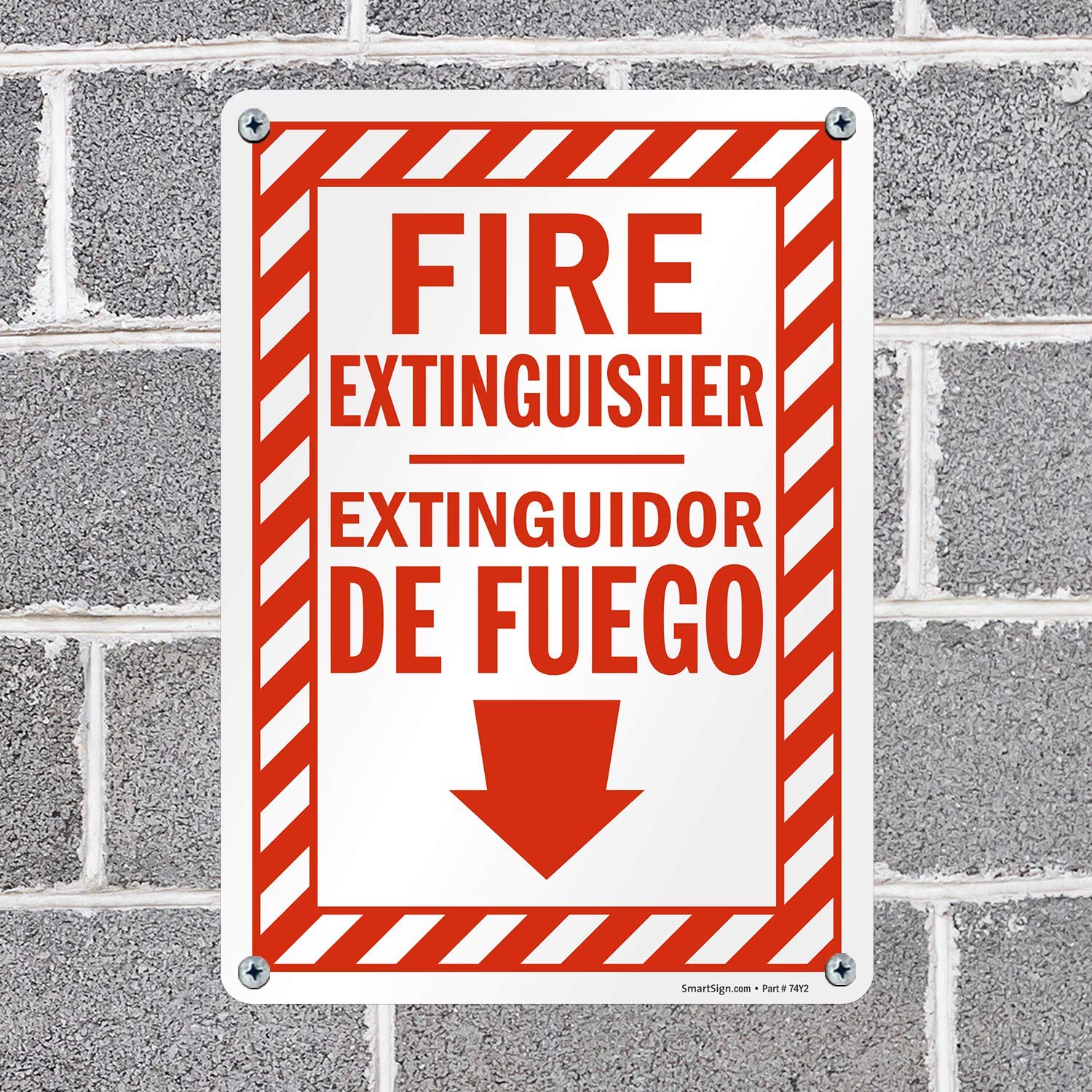 Fire Extinguisher Bilingual Sign - 14x10 Inch, Plastic With Down Arrow (English/Spanish)