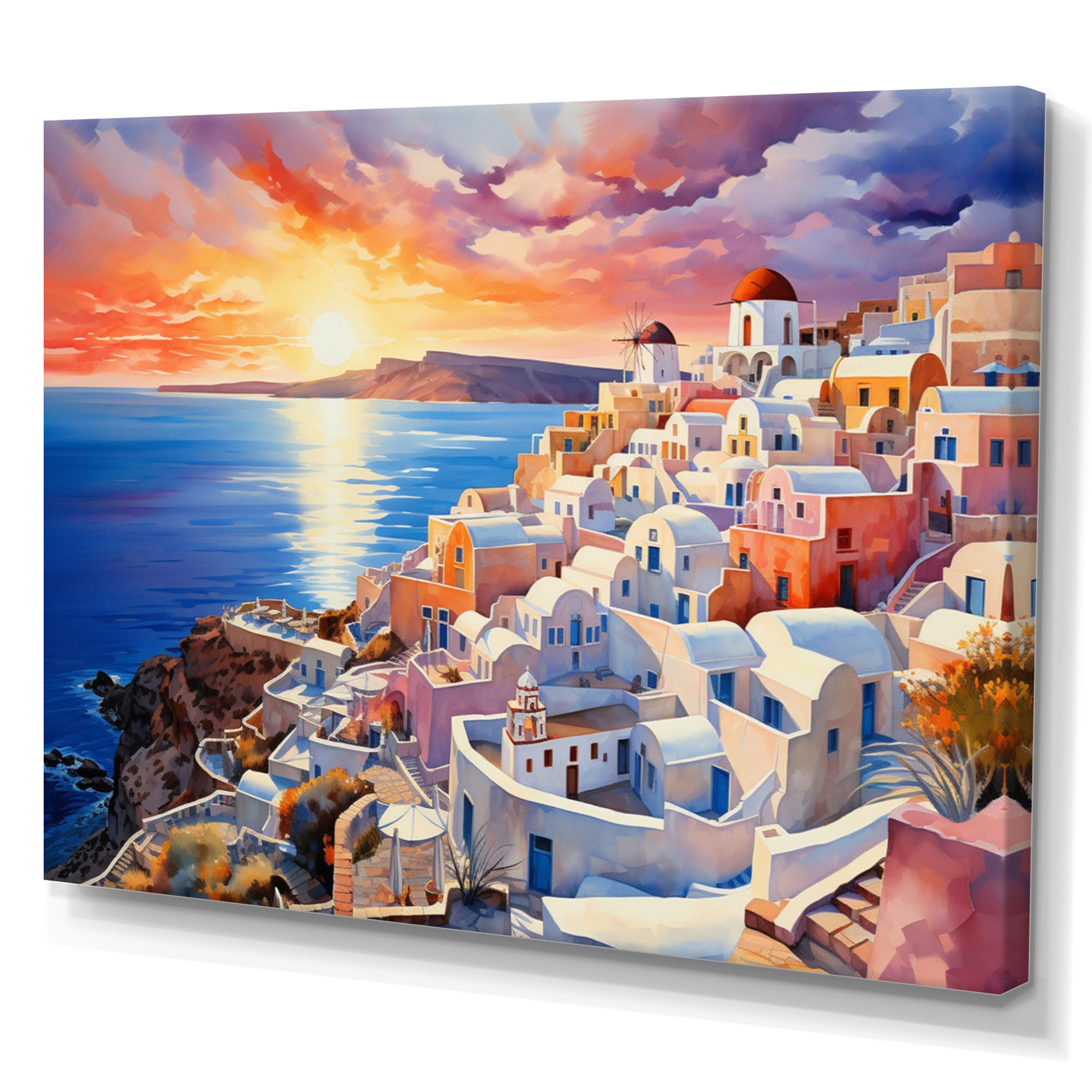 DesignQ Greece Oversized Wall art decor, Greece Wall Art, Greece Oia painting I, White Country Canvas wall art, 20x12 inches