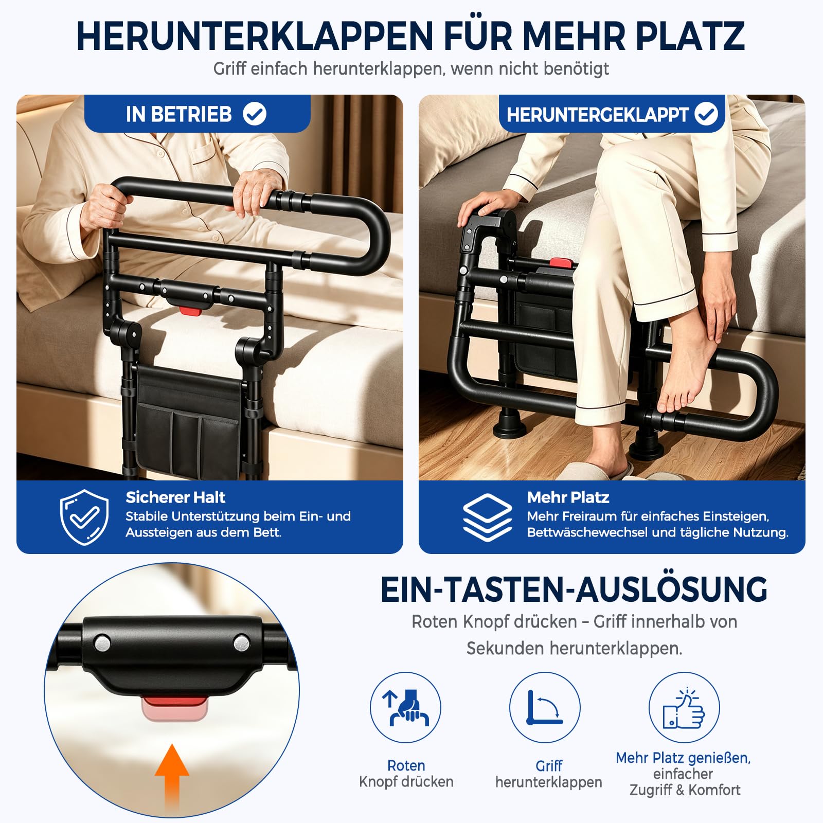 NJUN Aufstehhilfe Bett Senioren, Klappbar, Höhen- & Breitenverstellbar
