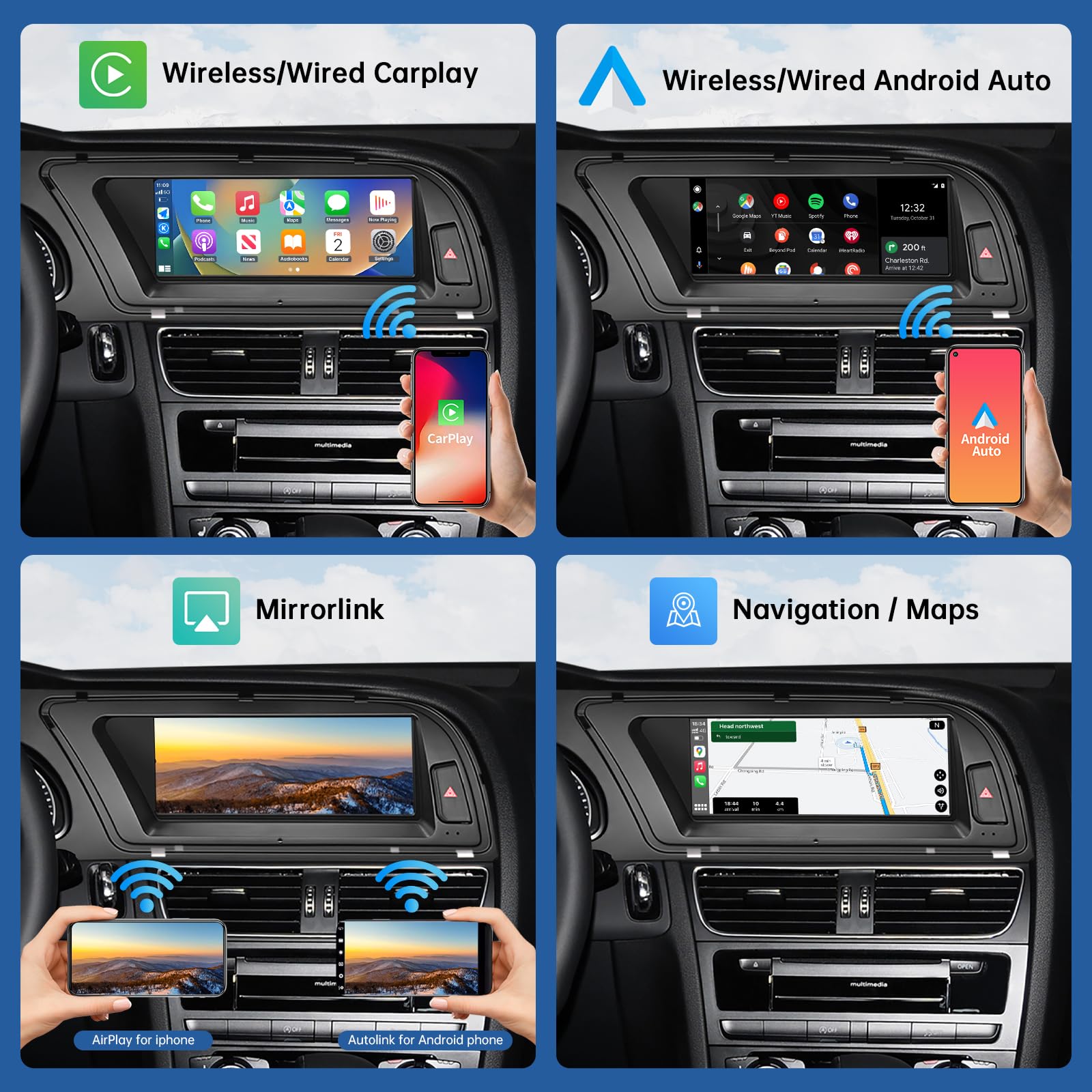 Road Top Radio de Coche Pantalla Táctil de 8,9 Pulgadas Inalámbrica CarPlay Android Auto para Audi A4 2009-2015 Año con 3GMMI, Soporte Navegación, Mirrorlink