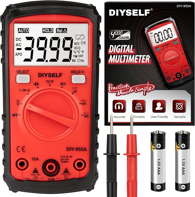 DIYSELF Multimeter Tester, 4000 Counts Multimeter with Capacitor Tester | Digital Multimeter Tester Measures DC/AC Voltage, Capacitance, Resistance and Continuity for Home and Automotive Use