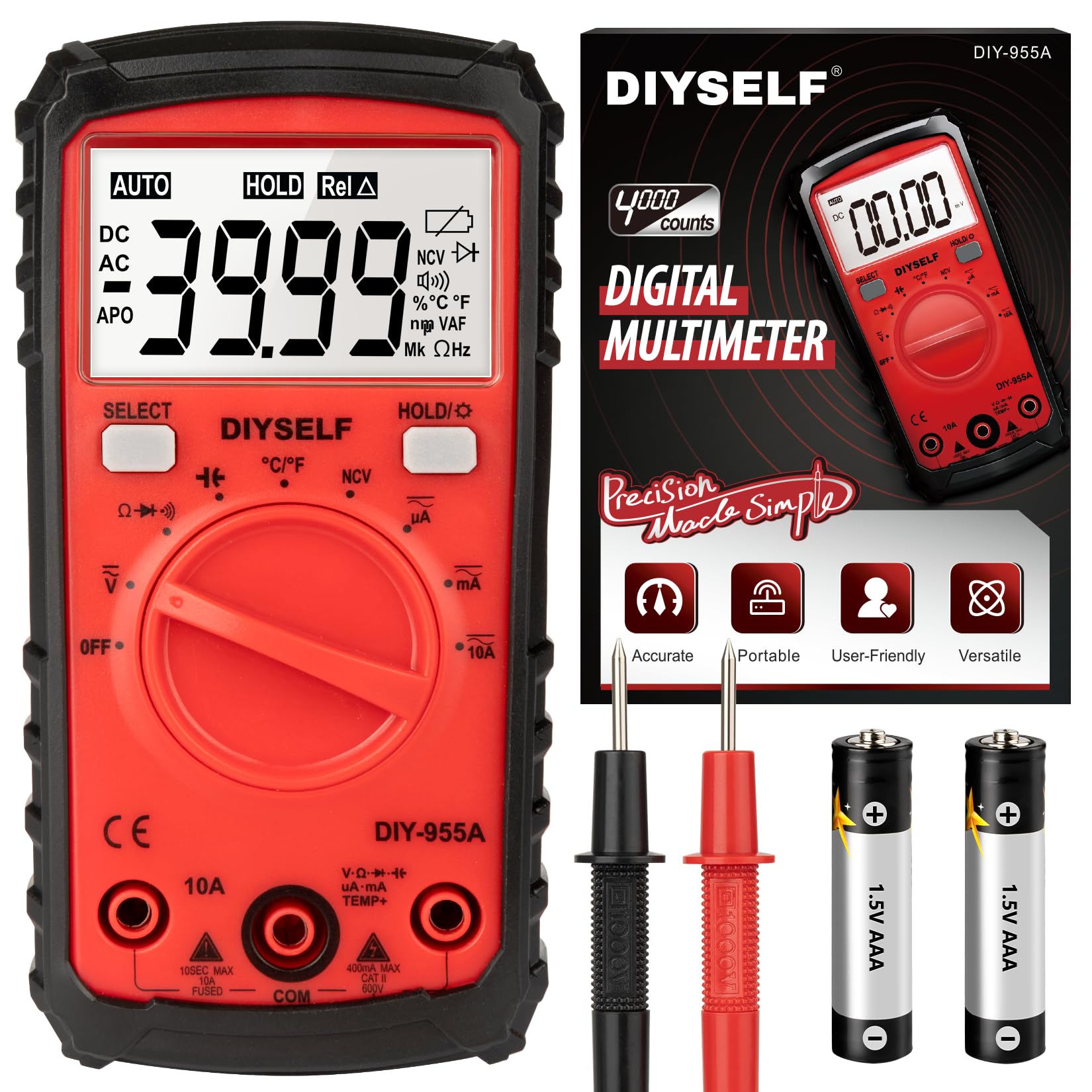 DIYSELF Multimeter Tester, 4000 Counts Multimeter with Capacitor Tester
