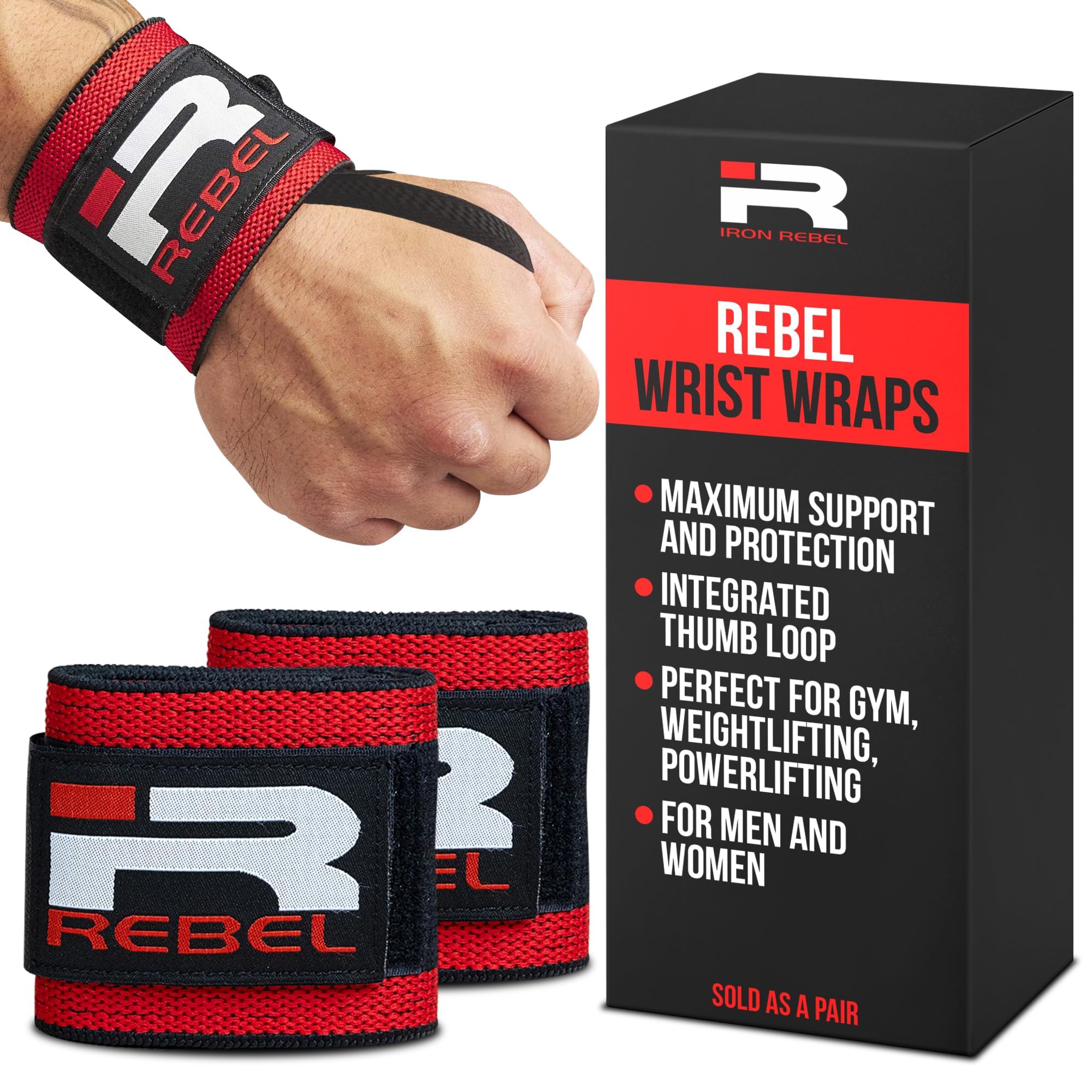 Iron Rebel Gym Wrist Wraps - Heavy-Duty Wrist Straps for Bodybuilding, Bench Press, Powerlifting, Weightlifting & Training Protection, Elastic, Dual Thumb Loop, Wrist Support for Men & Women, Pair