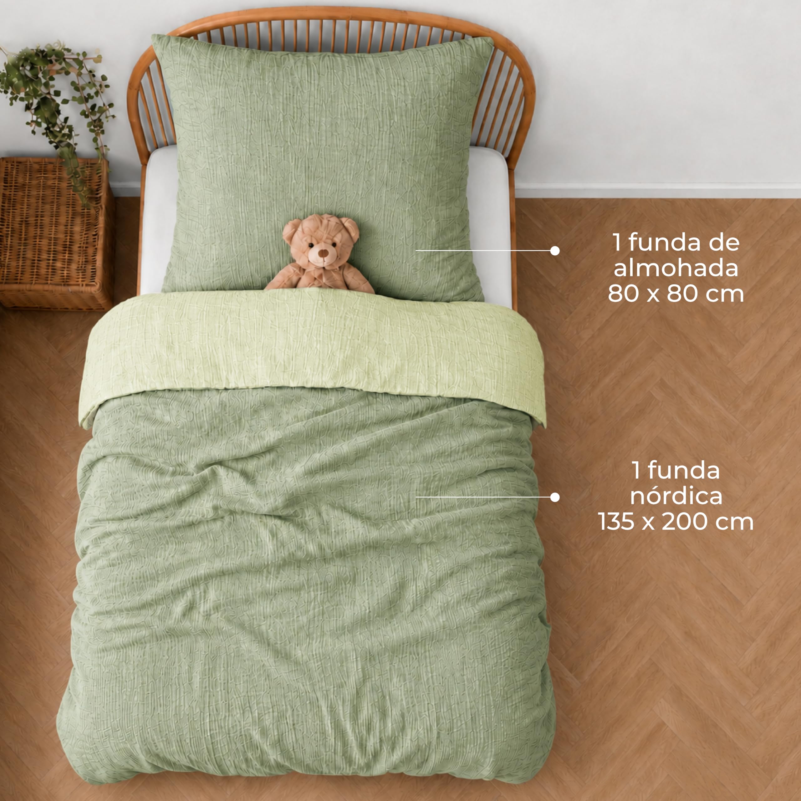 Dreamzie Funda Nordica 135x200 cm con Funda de Almohada 80x80 cm - Ropa de Cuna en Muselina 100% Algodón Oeko-Tex - Verde Salvia
