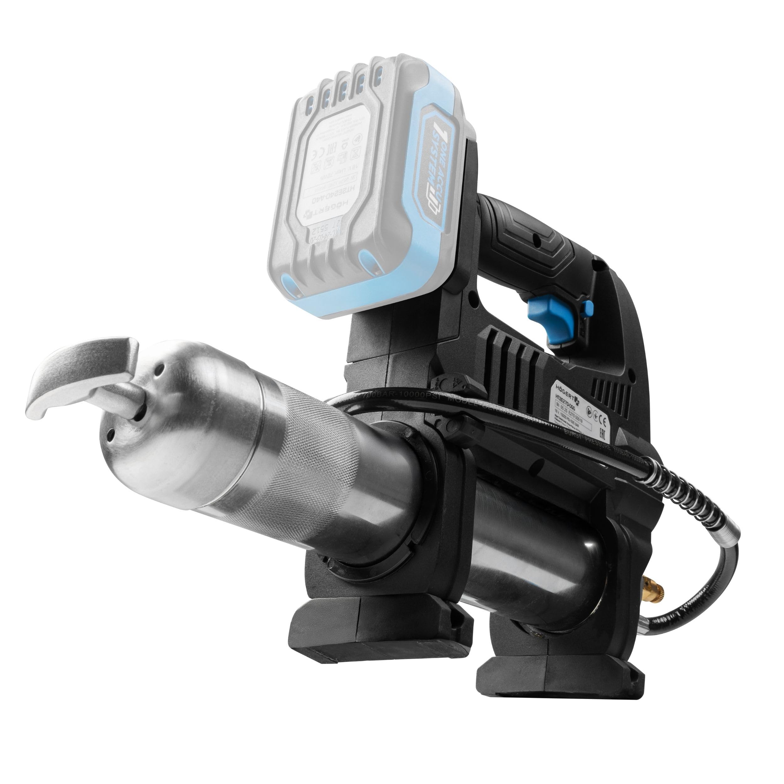 Högert Technik Engrasadora a Batería 18V OneAccuSystem, 680 Bar, 280 g/min, Pistola de engrase con LED, válvula de Purga de Aire, Correa para Hombro, para Taller, Set mit Akku 4Ah + Ladegerät 4A