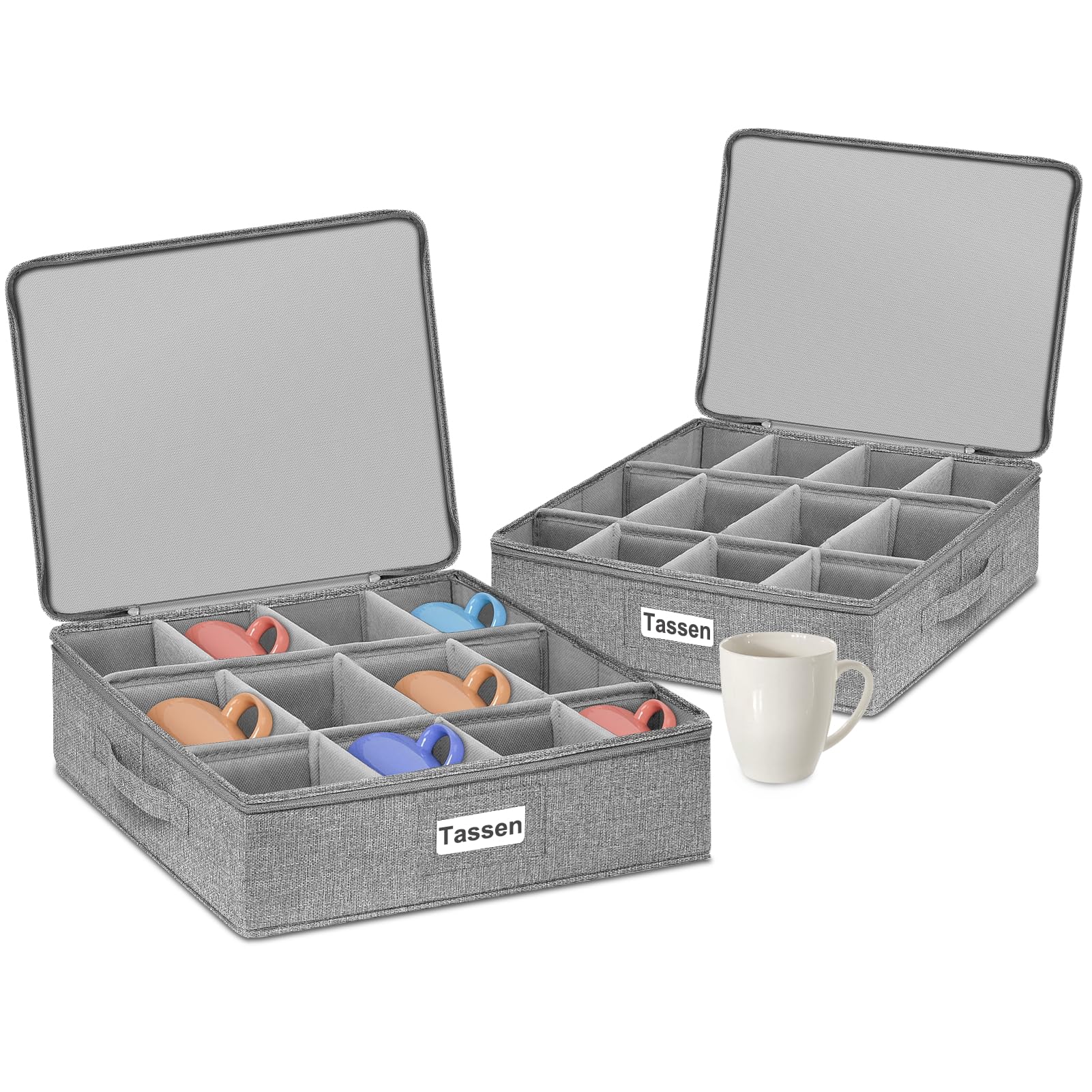 VERONLY Lot de 2 porte-tasses à café avec partition, rangement avec couvercle et poignées, boîte de rangement pliable pour 24 tasses à café, mug, tasses, empilables