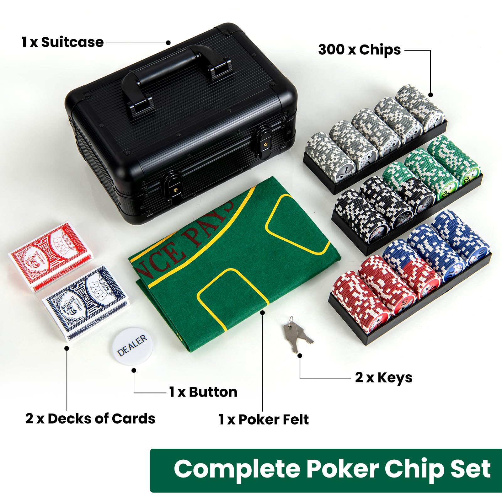 HOMASIS Set da Poker con 300/400 Fiches, Valigetta Poker in Alluminio con Mazzi di Carte, Tappetino in Feltro, 2 Chiavi, Carta del Banco e 5 Dadi, Set di Fiches da Poker per Casinò (29 x 20 x 16 cm)