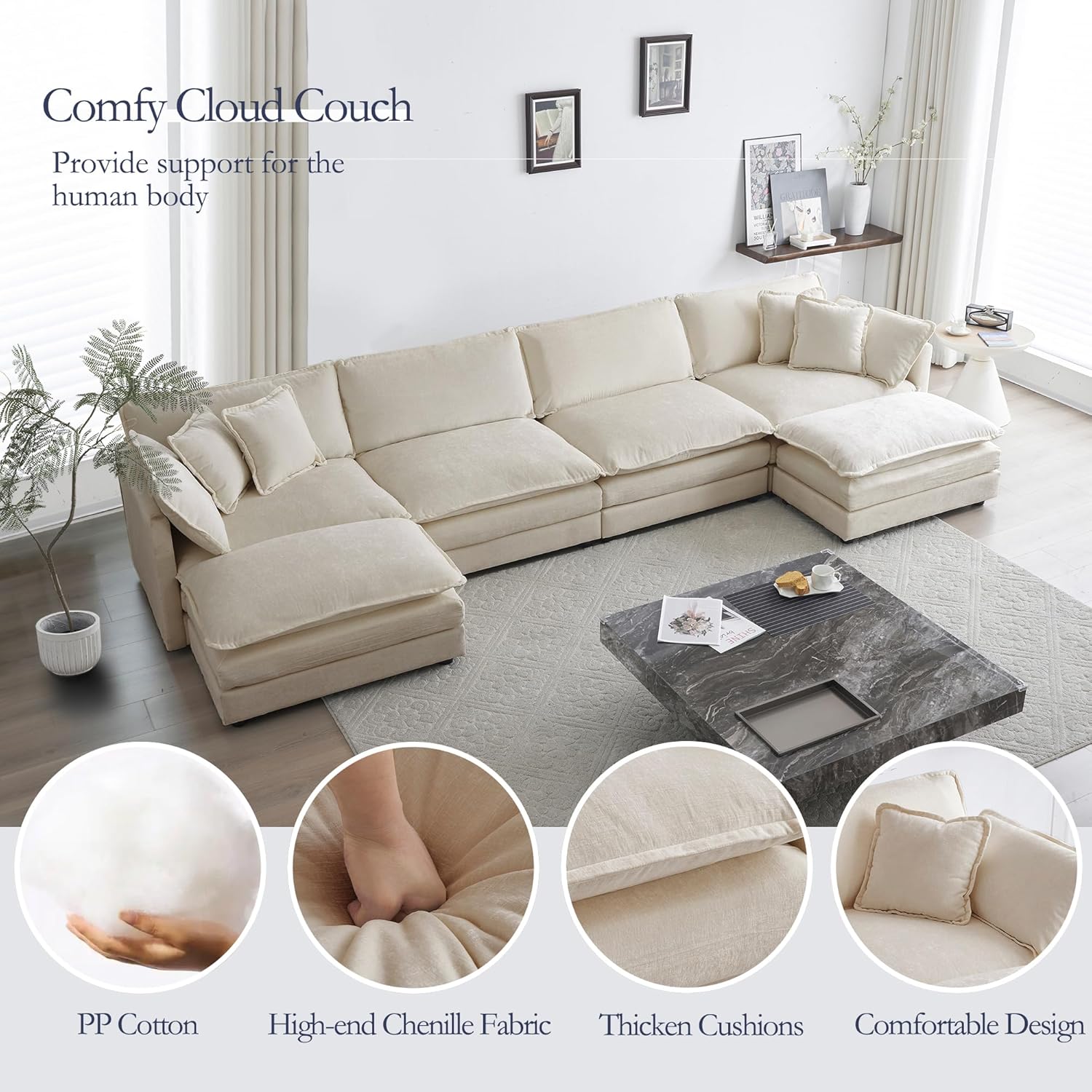 GNIXUU 146“ Oversized Modular Sectional Sofa Cloud Couches for Living Room, Modern Chenille Large U Shaped Couch, Comfy Deep Seat Couch with Reversible Chaise & Cushions(6 Seater, Camel) Camel 146Inch