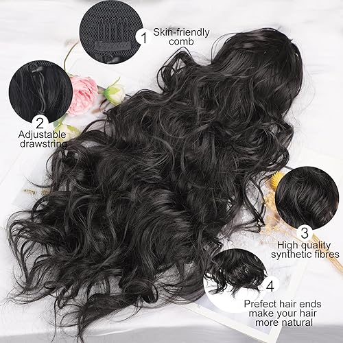 Miniatura 4 de AISI BEAUTY Extensión de cola de caballo negra de 22 pulgadas de largo, ondulado, con cordón, para mujer, cola de caballo sintética con clip (negro)