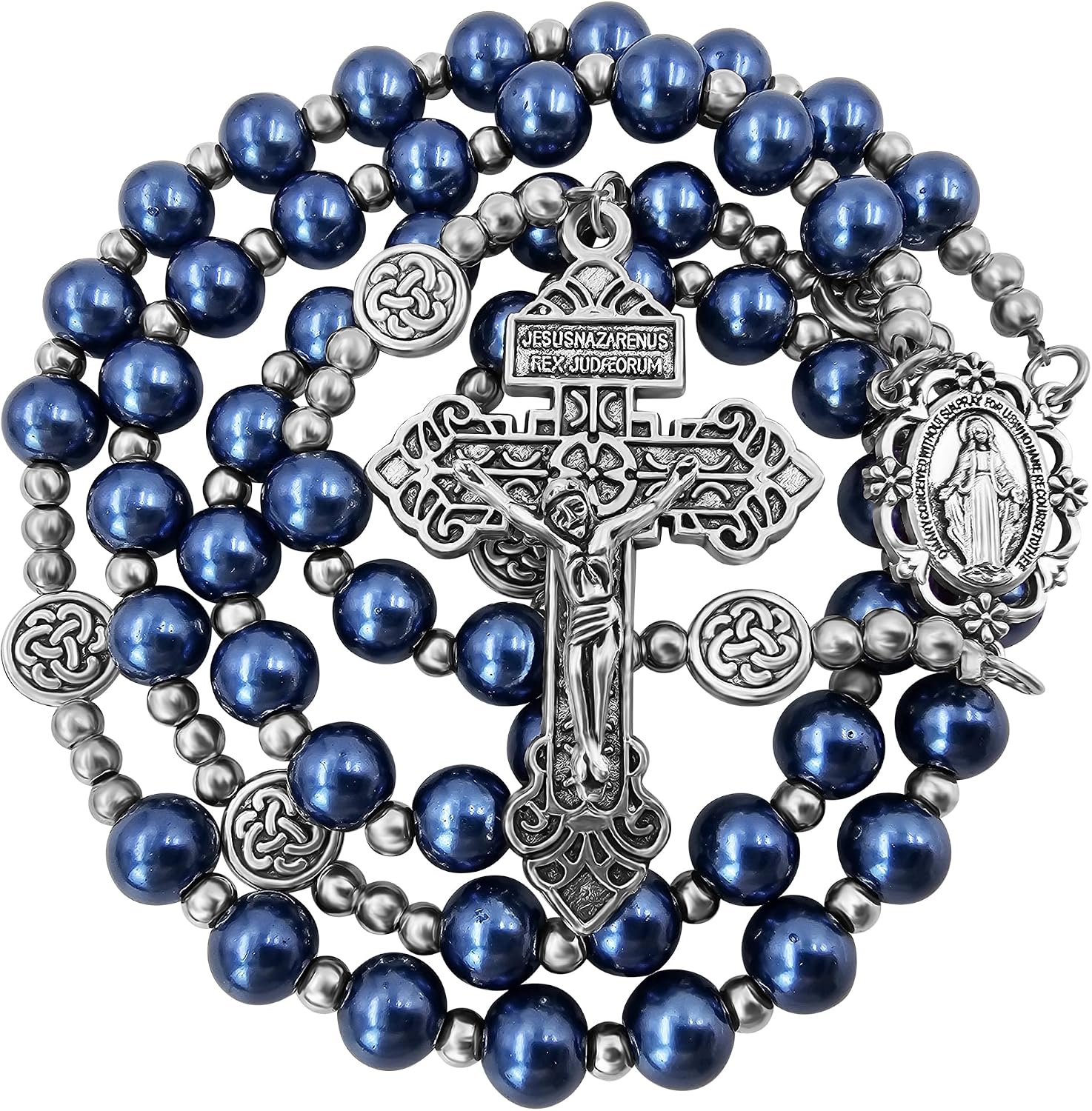 8mm Glass Pearl Rosary Beads Catholic Necklace for Women Pardon Cross Crucifix Our Lady of Grace Medal Rosaries for Men Religious Gift Pouch & Prayer Card