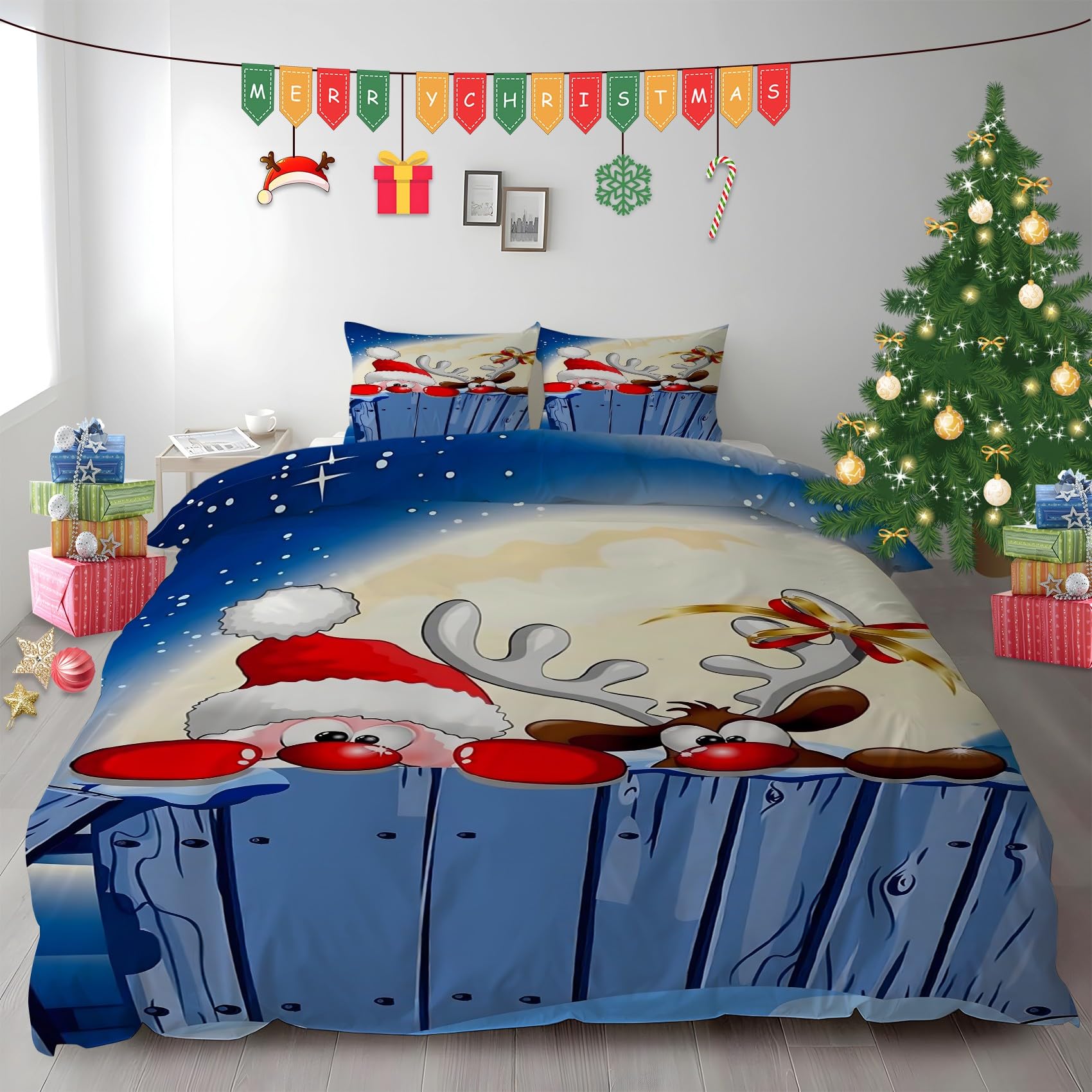 Housse de couette Noël 3D 140x200 design moderne avec 2 taies d'oreiller pour lit enfant et ado