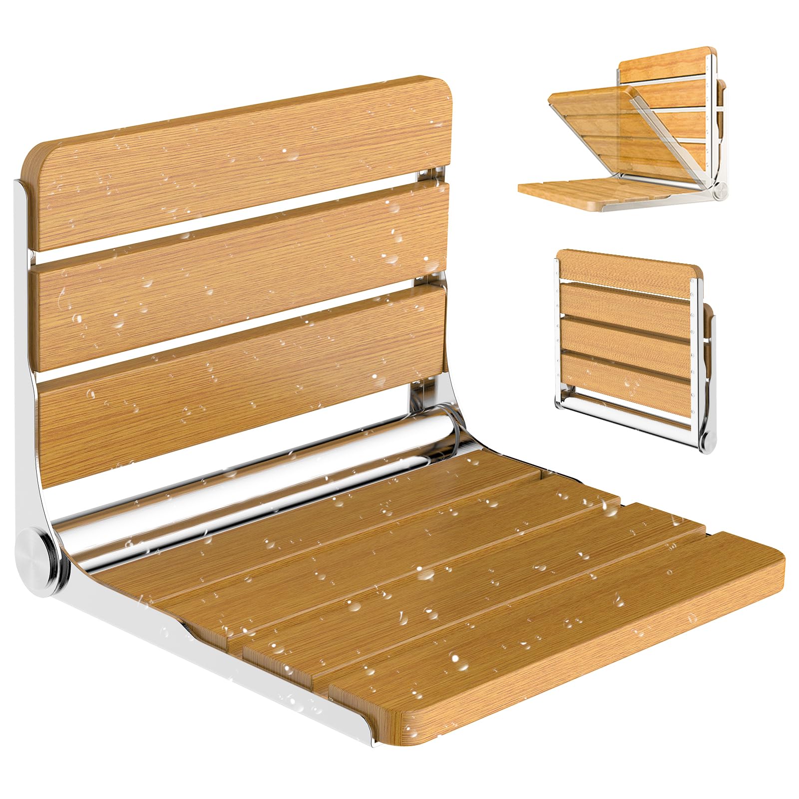 Asiento Ducha Plegable Madera Pared Montada, Silla Abatible Ducha Montado en la Pared ，Taburete Baño Banqueta Ducha para Personas Mayores Minusvalidos Adultos