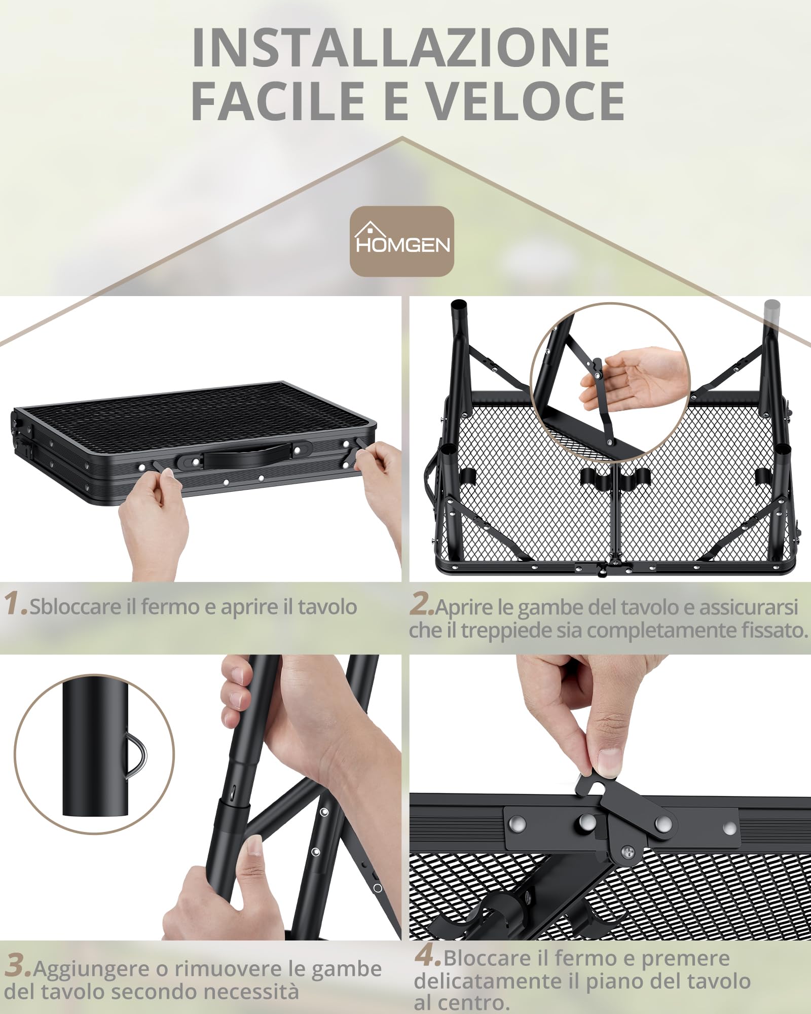 HOMGEN Tavolo da Campeggio Pieghevole con Piano Rete da 58x40cm Tavolino da Giardino in Alluminio con 3 Altezze Regolabili (25/50/70cm) Tavolo da Picnic Regolabile Piano in MDF per Barbecue, Pesca