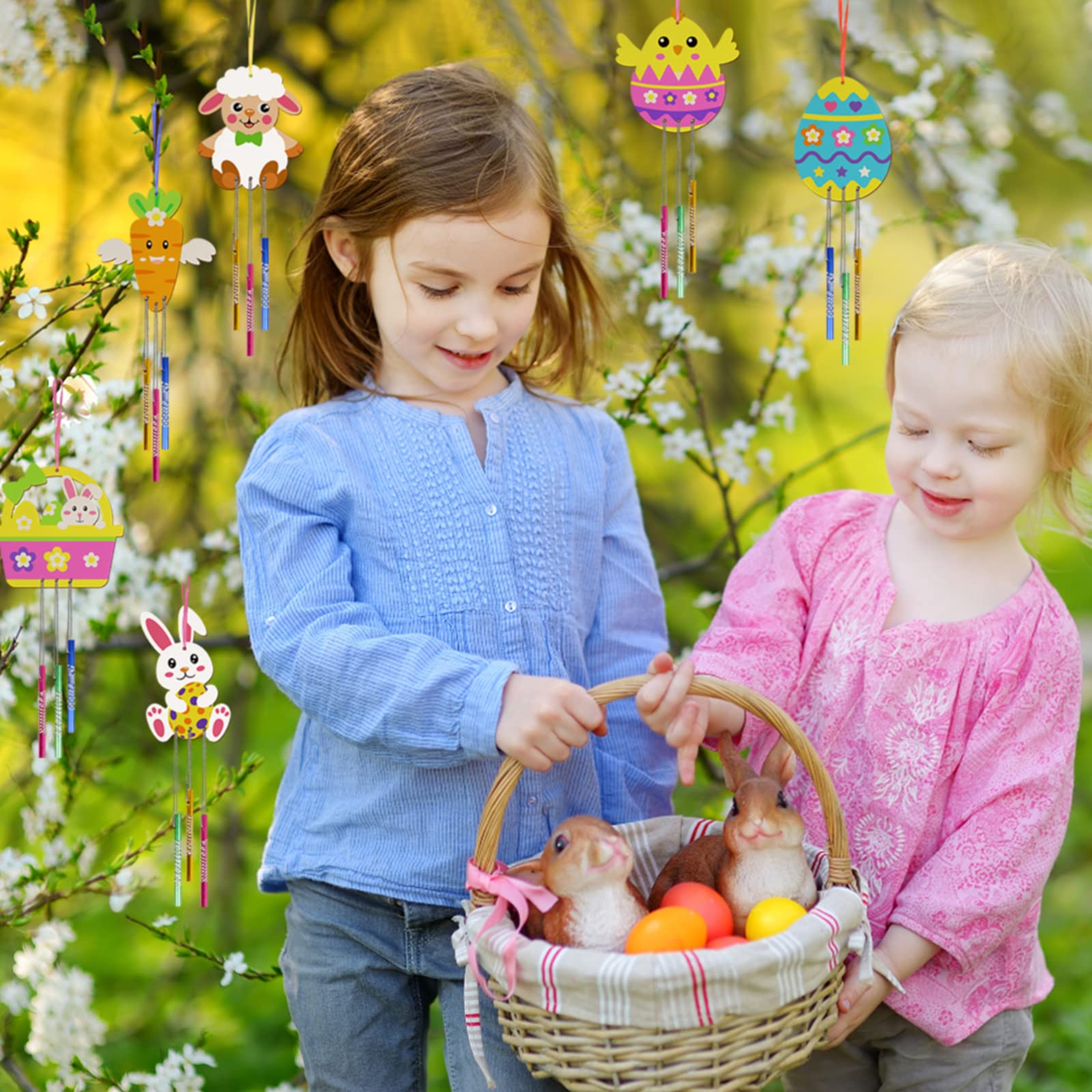 WEDNOK 12 piezas Kit de Pascua para niños, Campanas de viento de Pascua de madera para pintar, Decoraciones de Pascua, para regalos de Pascua