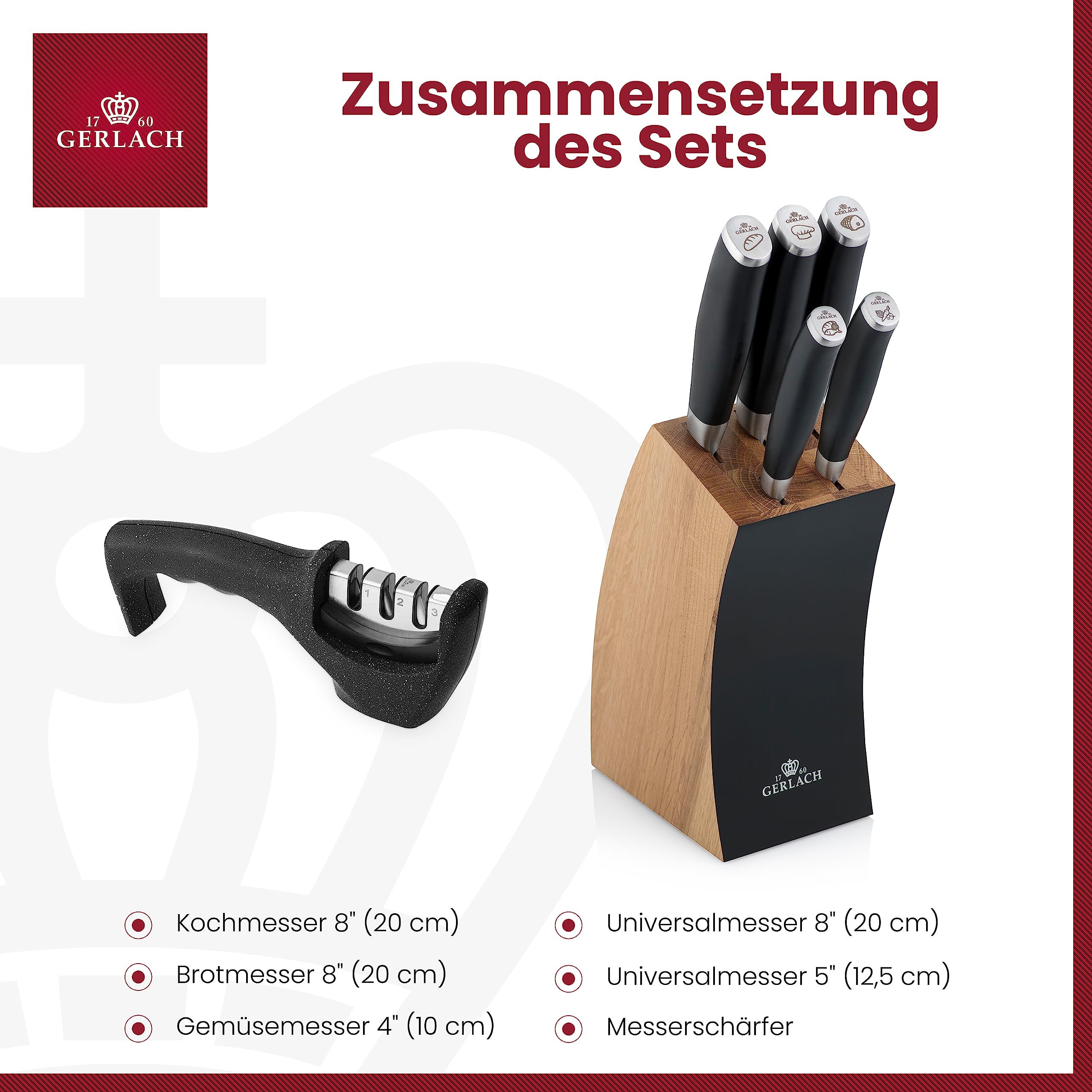 Gerlach Deco Black Messerblock Messerschärfer Messerset Küchenmesserset 5 Messer Edelstahl Buchenholz Küchenmesser Block Kochmesser Brotmesser Gemüsemesser Küche Küchenutensilien Küchenzubehör