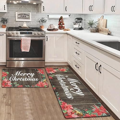 Miniatura 8 de KIMODE Juego de 2 alfombras y tapetes de cocina con texto en inglés "Merry Christmas", antideslizantes, antideslizantes, color rojo, floral, marrón,