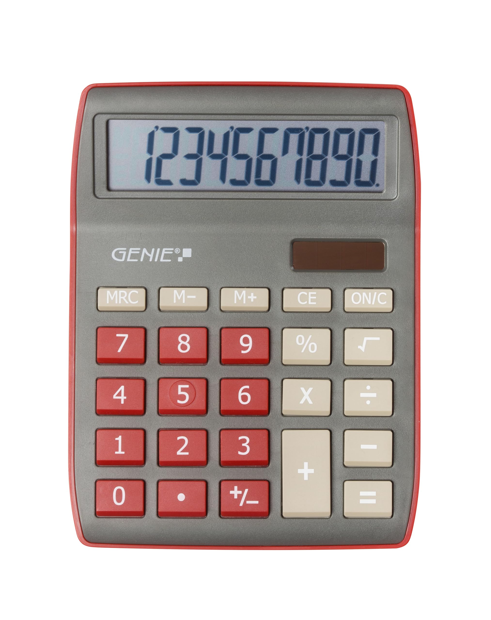 Genie 840 DR 10 Digit Desktop Calculator; Dual Power (Solar and Battery); Compact Design; Dark Red