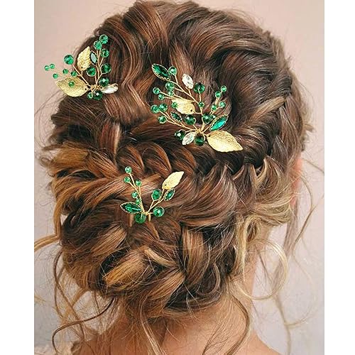 Miniatura 2 de Horquillas de cristal para el cabello de boda, con diamantes de imitación verde esmeralda, hoja dorada, vid, accesorios para fiestas, mujeres y