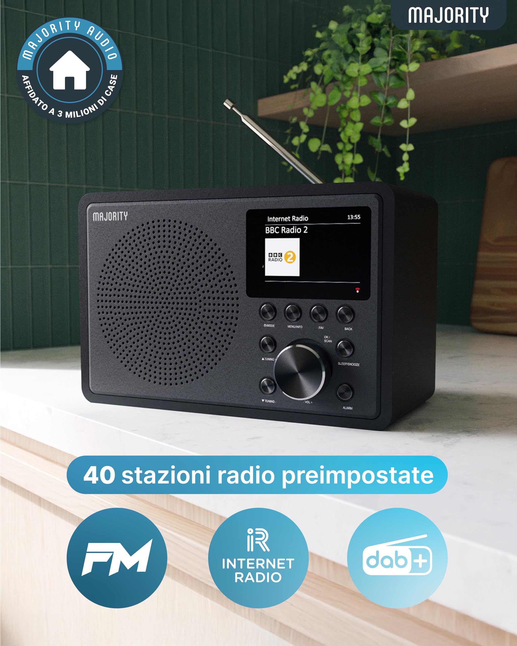 Majority Touro Radio Internet WiFi con DAB+, FM Digitale e Bluetooth | USB, App Oktiv, e Spotify Connect | Sveglia Doppia, Display LCD | Radio da Cucina e Casa con Audio Stereo
