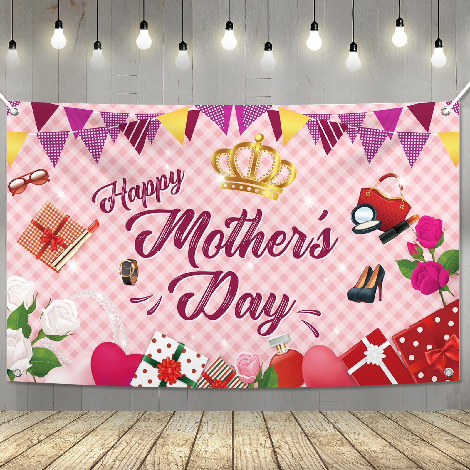 YQUQWN Extra Large Happy Mother's Day Banner - 72x44 Inch Pink Backdrop For Party Decorations & Photo Background