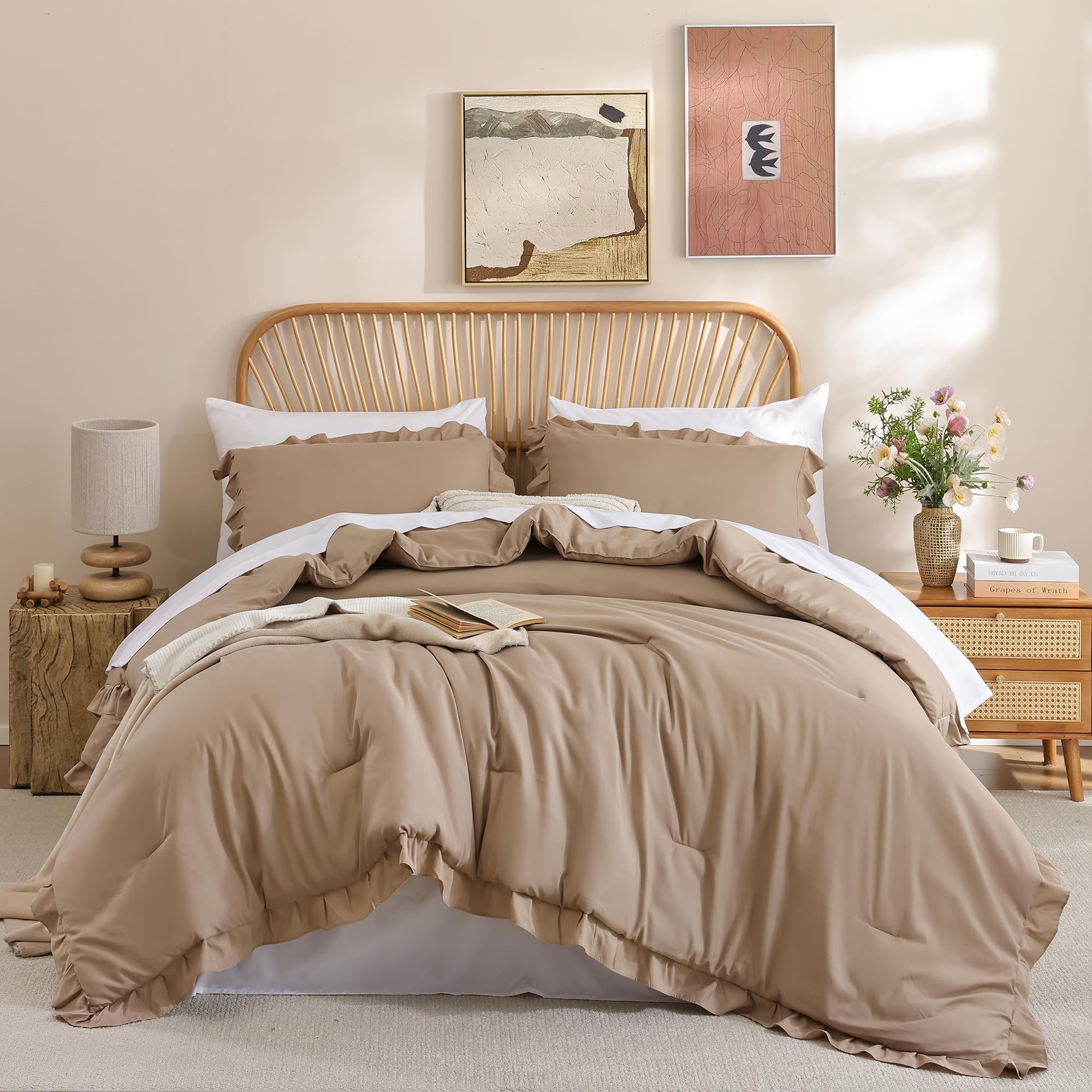 JANZAA Taupe Comforter Set Full, Ruffle Soft Bedding