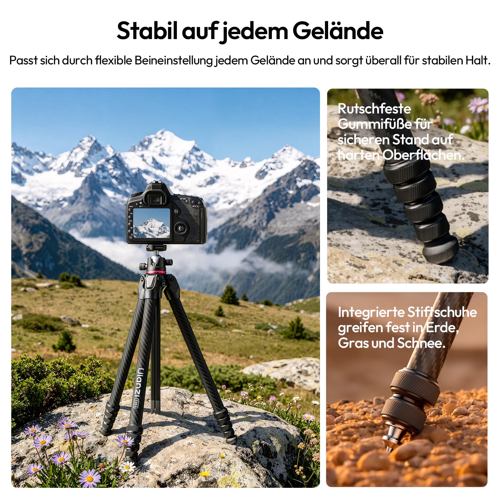 ULANZI TZ01 Carbon Stativ Kamera 160cm, Abnehmbare Mittelachse als Mini Stativ, 360° Kugelkopf mit Handyhalterung, kompatibel mit Uka & F38, 1,1kg Leichtes Reisestativ für DSLR Smartphone Vlog