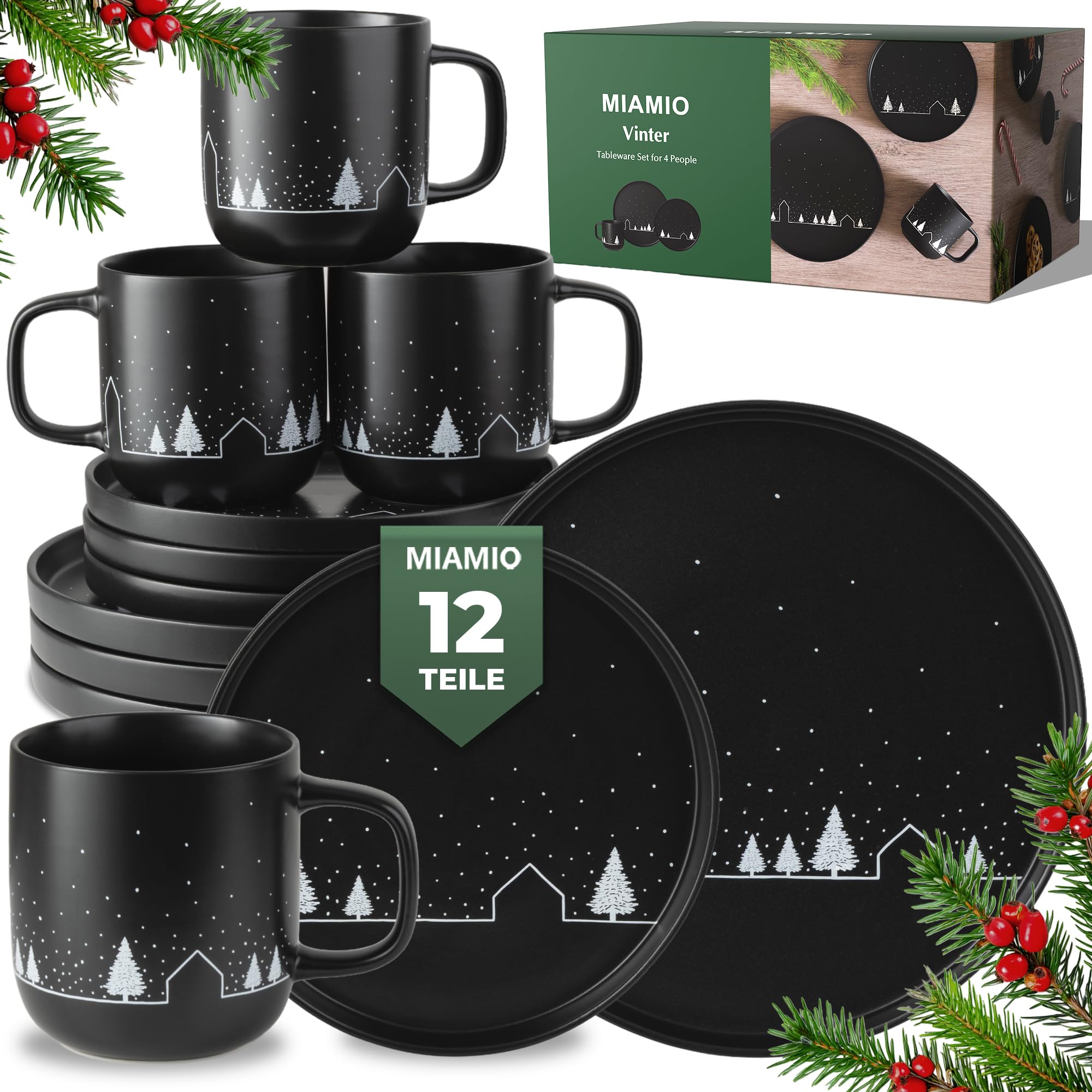 MIAMIO - Geschirrset/Tafelservice, Weihnachtsgeschirr (12-Teilig) - Vinter | Keramik Geschirrset mit Tellern und Tassen, Tafelservice Weihnachten, Geschirr Weihnachten, Geschenk Set - spülmaschinenfest