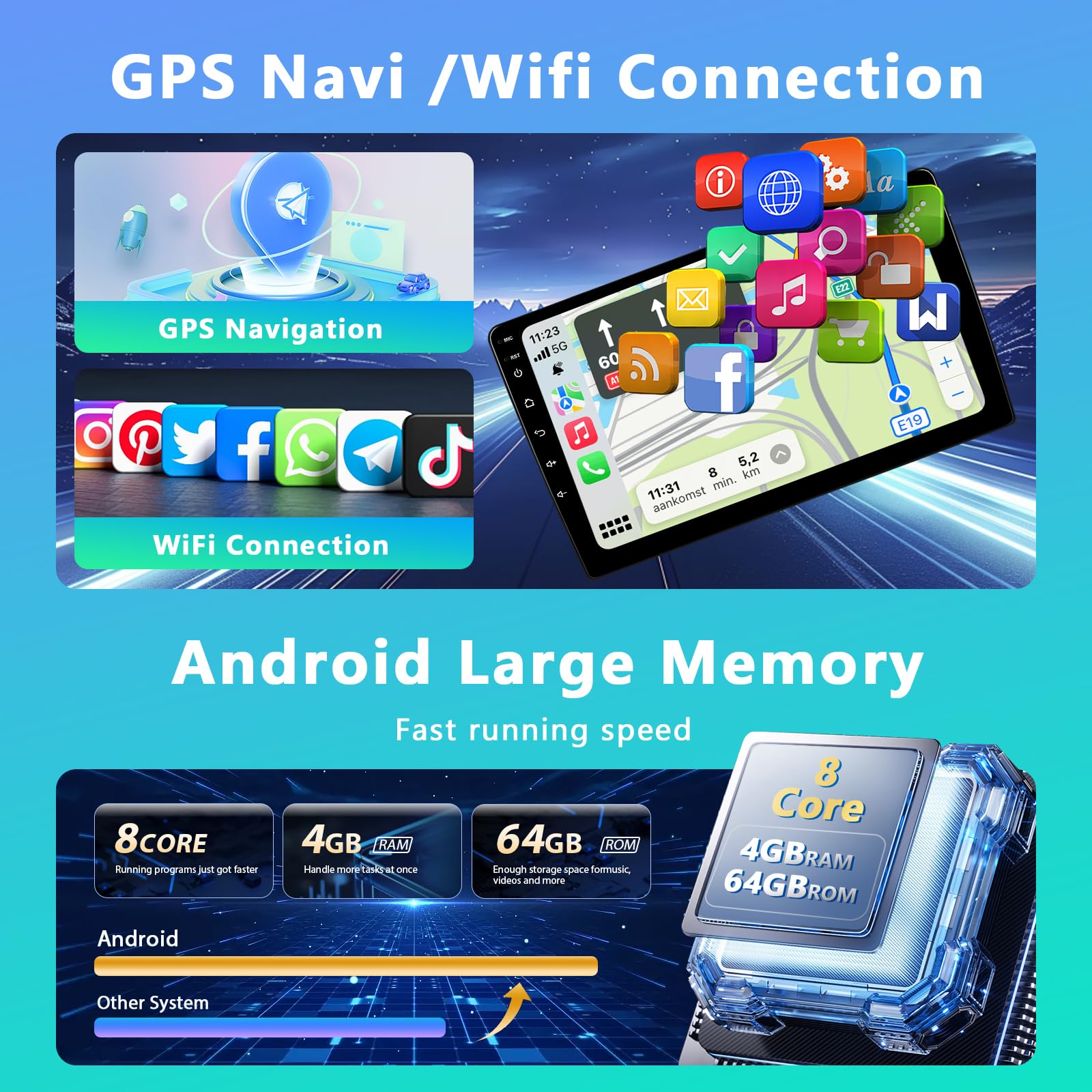 8 Núcleo 1.8GHz 4+64G Qualcomm Chipset 2 DIN Autoradio, 9" Android Radio Kabelloses Carplay/Android Auto Pantalla táctil con GPS/Bluetooth/SWC/FM/RDS/WiFi/USB Radio Receptor+Cámara Trasera