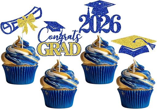 Congrats Grad Cupcake Toppers, 2026 Graduation Cupcake Picks, You Did It, Class of 2026 High School/College/Senior Graduation Party Decorations 20pcs Blue and Gold