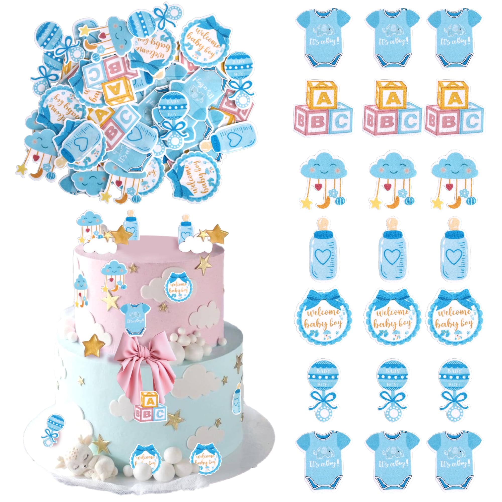 60 PCS Edible Oh Baby Cupcake Toppers Pacifier Cloud Moon Star Welcome Baby Boy Cupcake Picks Edible Baby Shower It's a Boy Cake Decorations for Baby