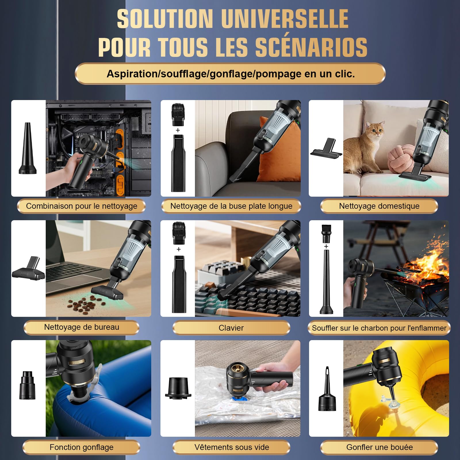 Aspirateur à Main sans Fil 4 en 1, Puissant, 28000 PA, 3 Vitesses 240 000 TR/Min, Aspirateur pour Voiture, Cuisine, PC, canapé, Bureau, Maison et Nettoyage des Poils d'animaux (Jaune doré)