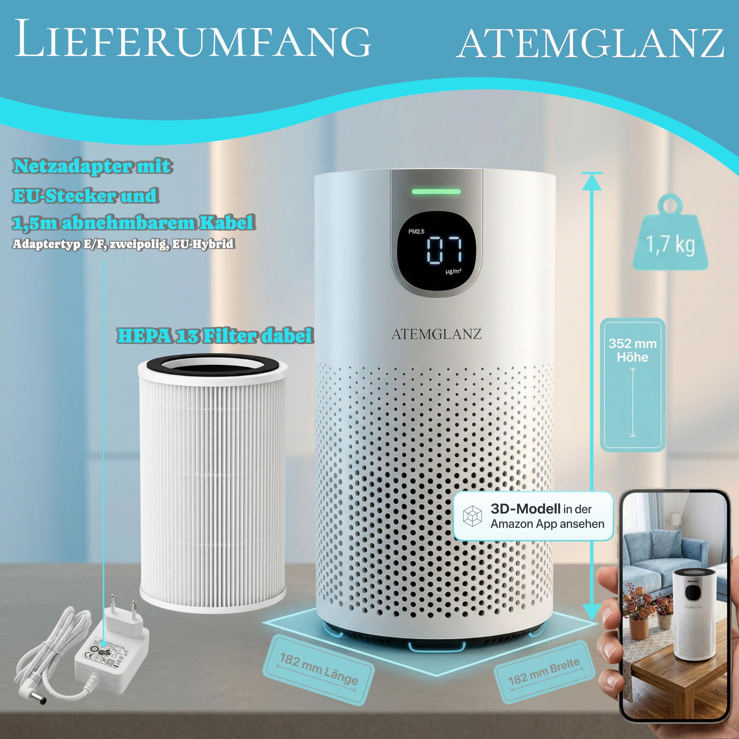 Allergiker Luftreiniger (Auto-Modus, PM2.5 Anzeige) HEPA + Aktivkohlefilter gegen Pollen, Staub, Tierhaare, Schimmel, Milben, Rauch, VOC, 18 dB, bis 80 m², CADR 250m³/h Asthma, Air Purifier