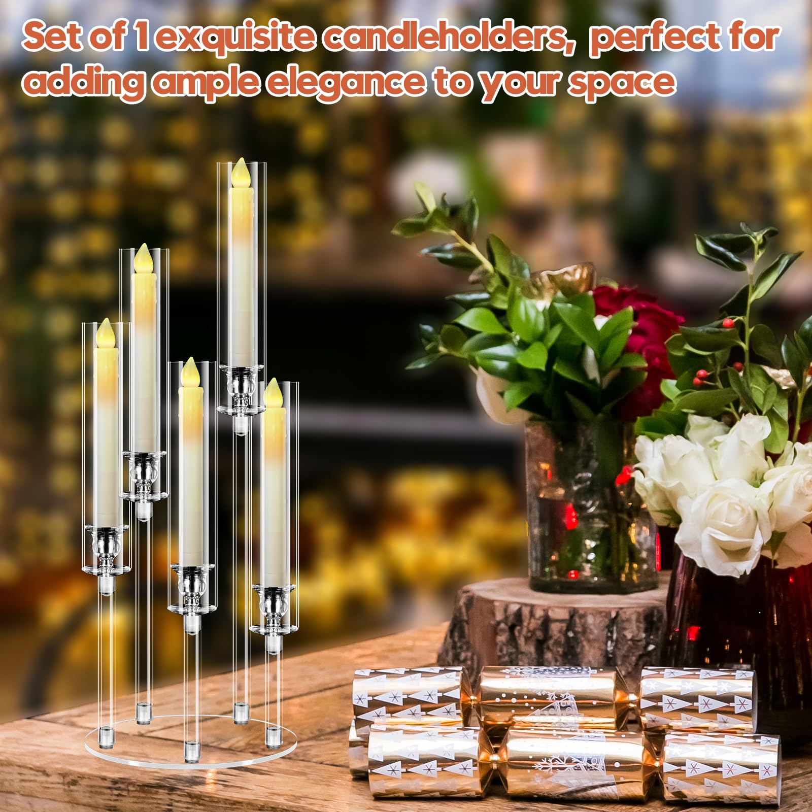 Set di 2 Candelabri con Candele LED, Portacandele 5 Bracci Alti 58 cm, Centrotavola in Acrilico Trasparente per Decorazione Matrimonio Natale, con Base e Paralume